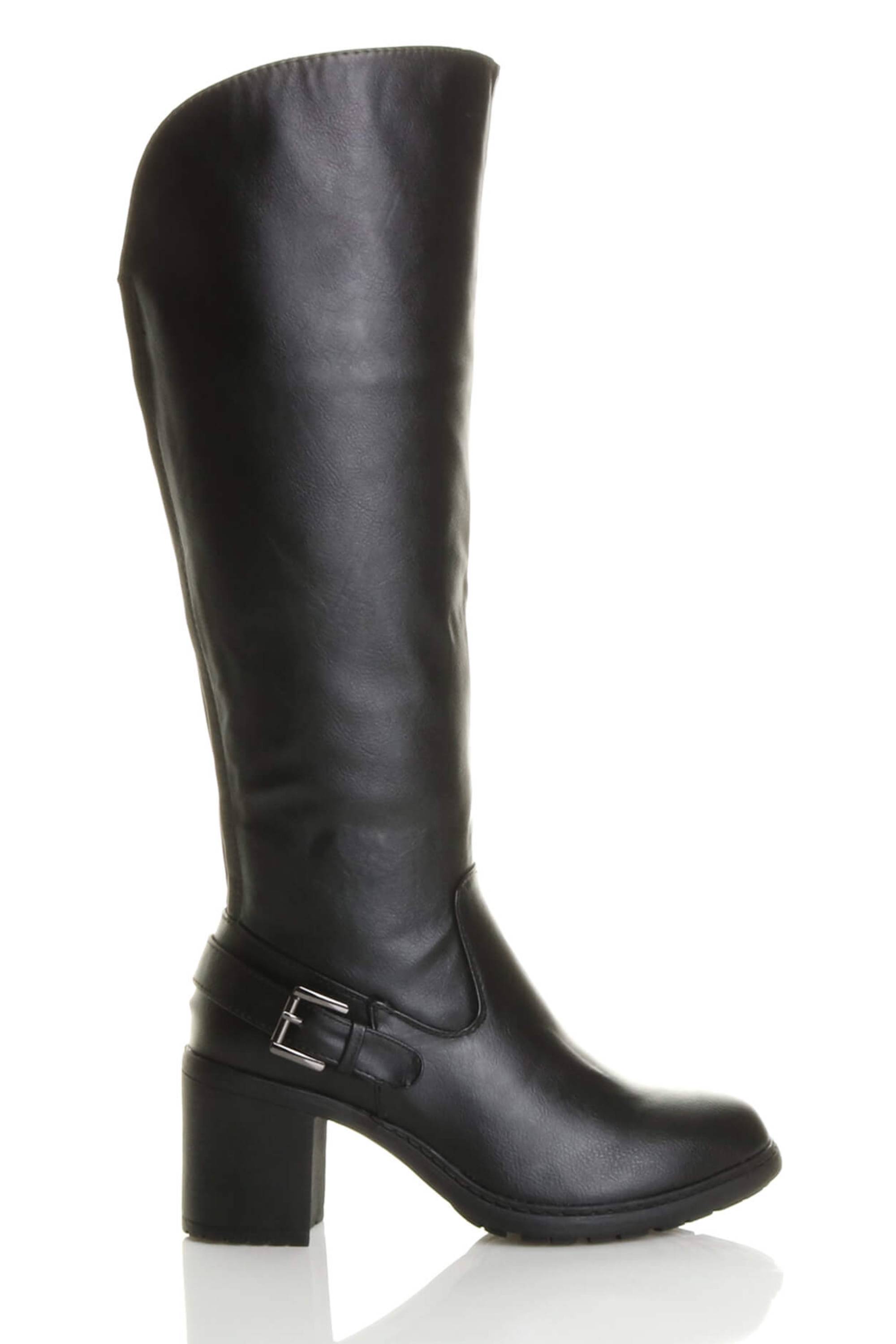 Black High Block Heel Chunky Biker Knee High Boots, Image 5 of 6