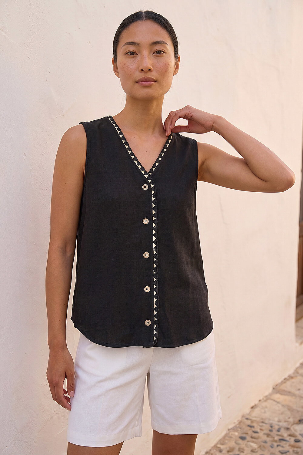 Black Petite V-Neck Trim Detail Top, Image 1 of 4