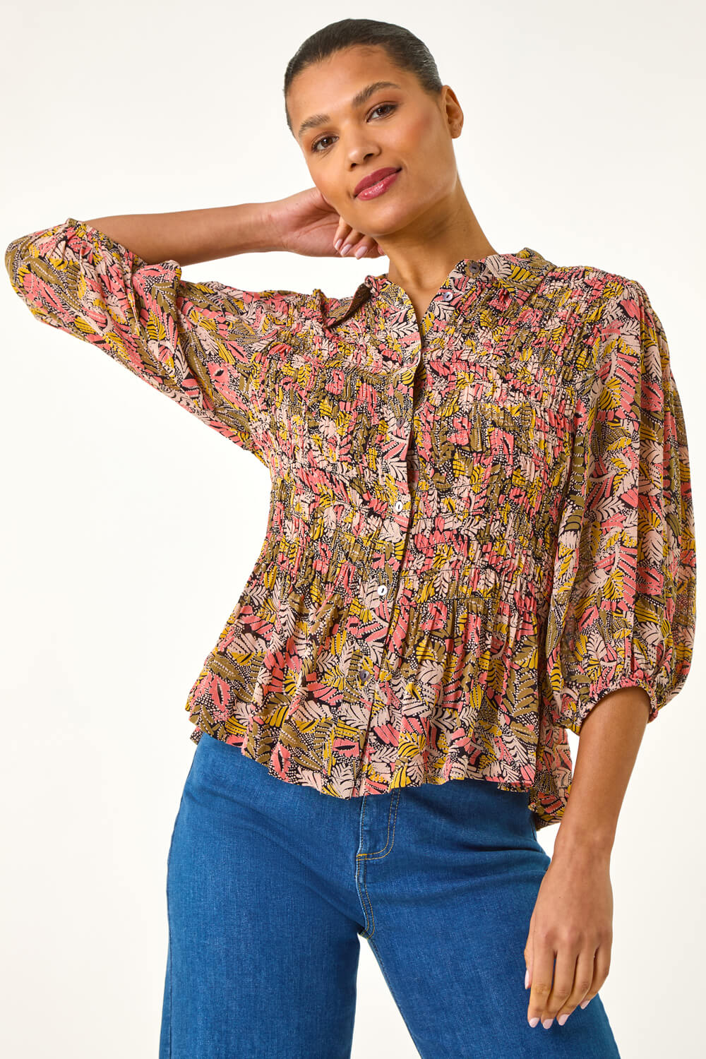 Brown Shirred Printed Front Button Up Blouse, Image 3 of 5