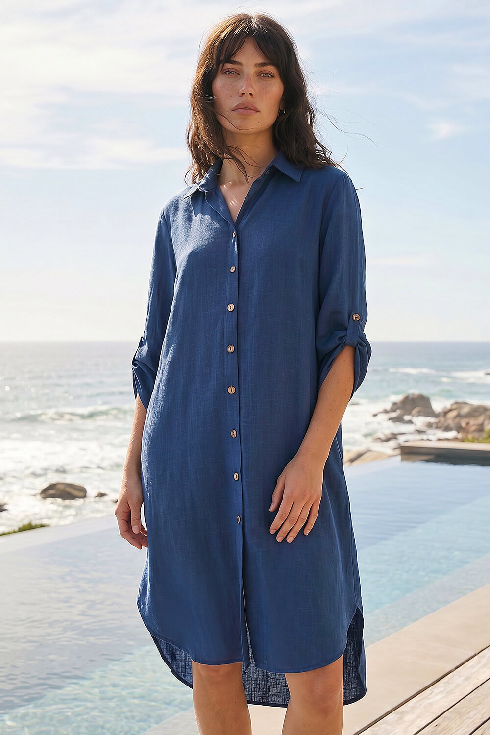 Navy Back Lace Button Shirt Dress, Image 1 of 4