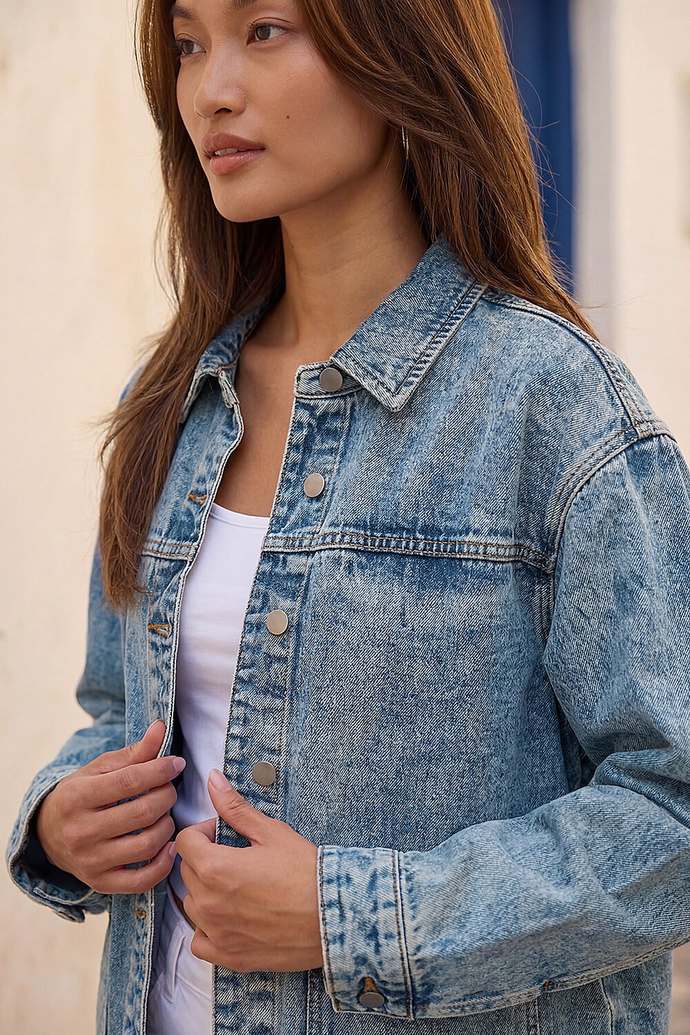 Blue Denim Button Front Pocket Jacket, Image 5 of 4
