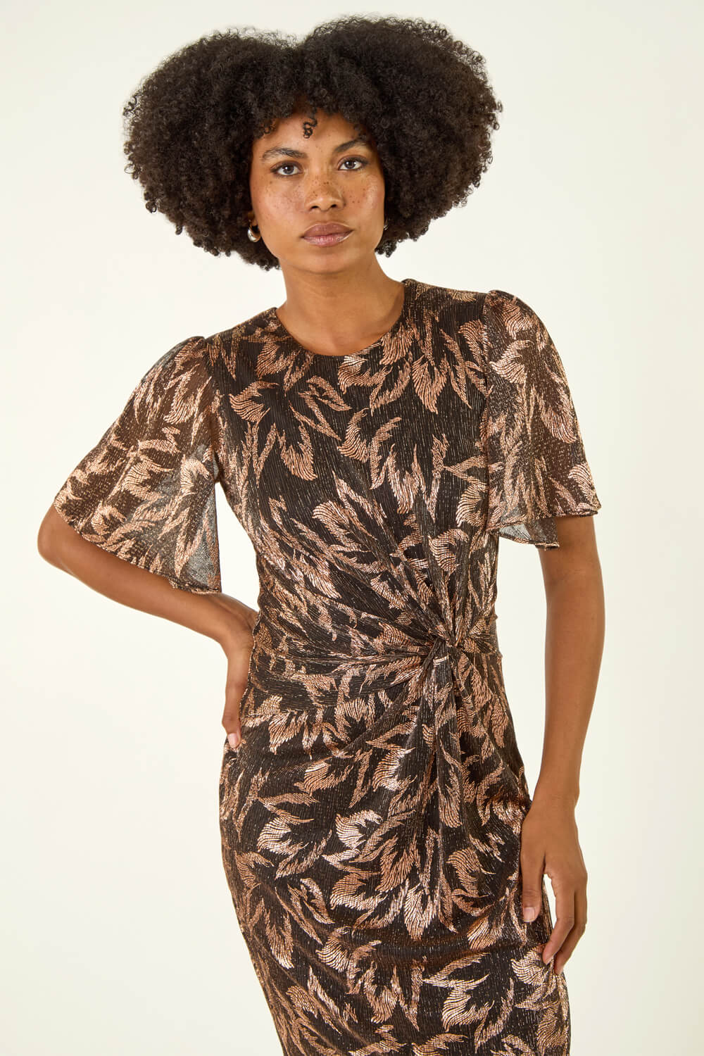 Bronze Foil Print Twist Front Midi Dress | Roman UK