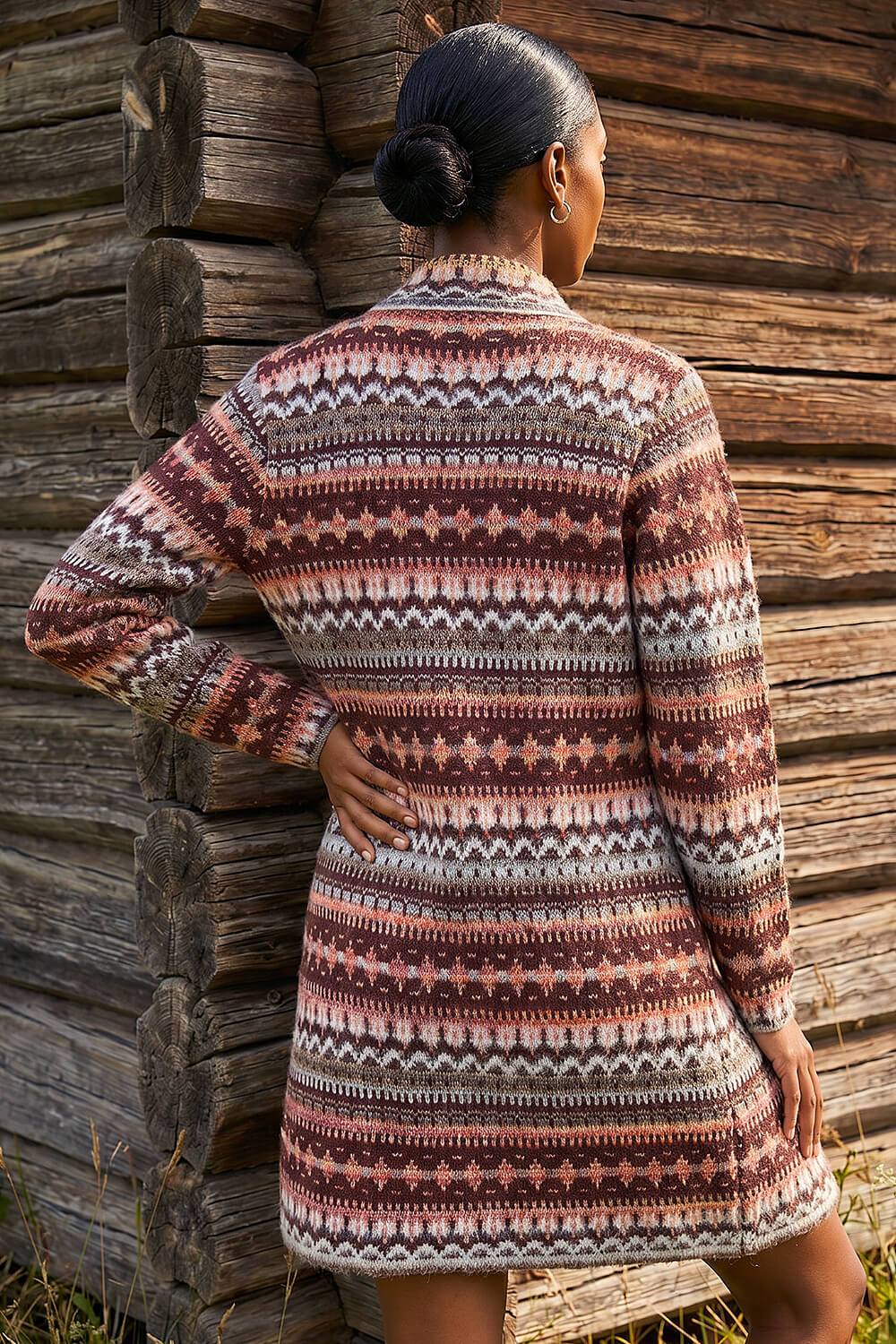 Burgundy Petite Aztec Longline Cardigan, Image 4 of 4