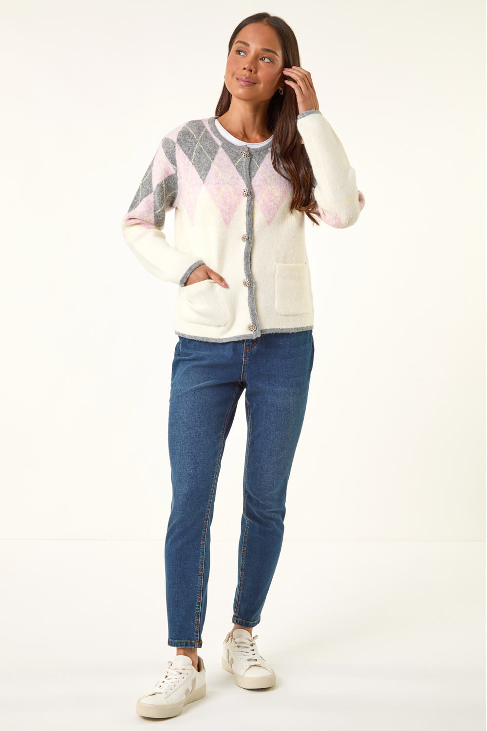 Ivory Petite Buttoned Argyle Knit Cardigan, Image 4 of 5