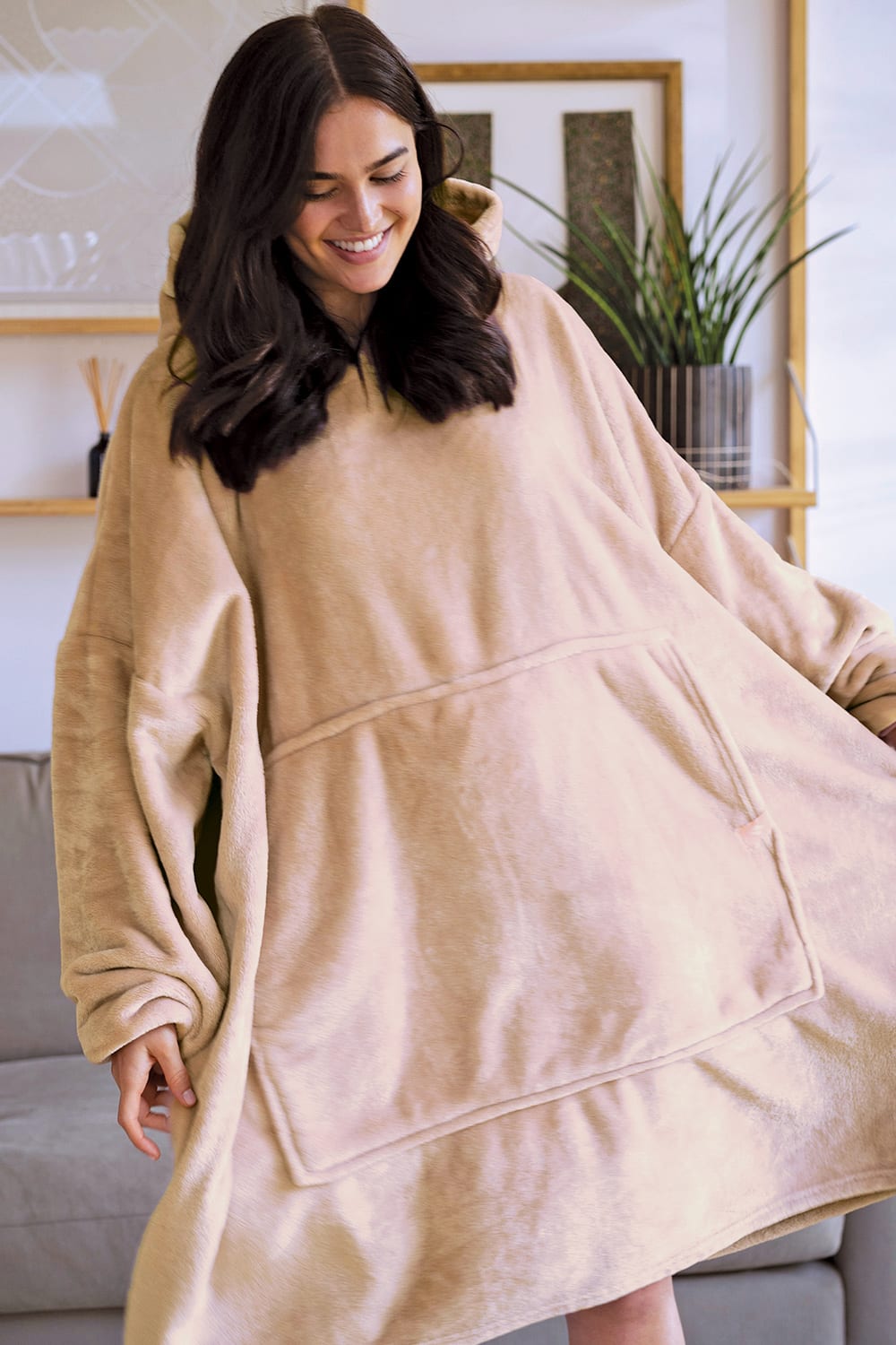 Beige Extra Long Soft Fleece Oversized Snoodie, Image 3 of 4
