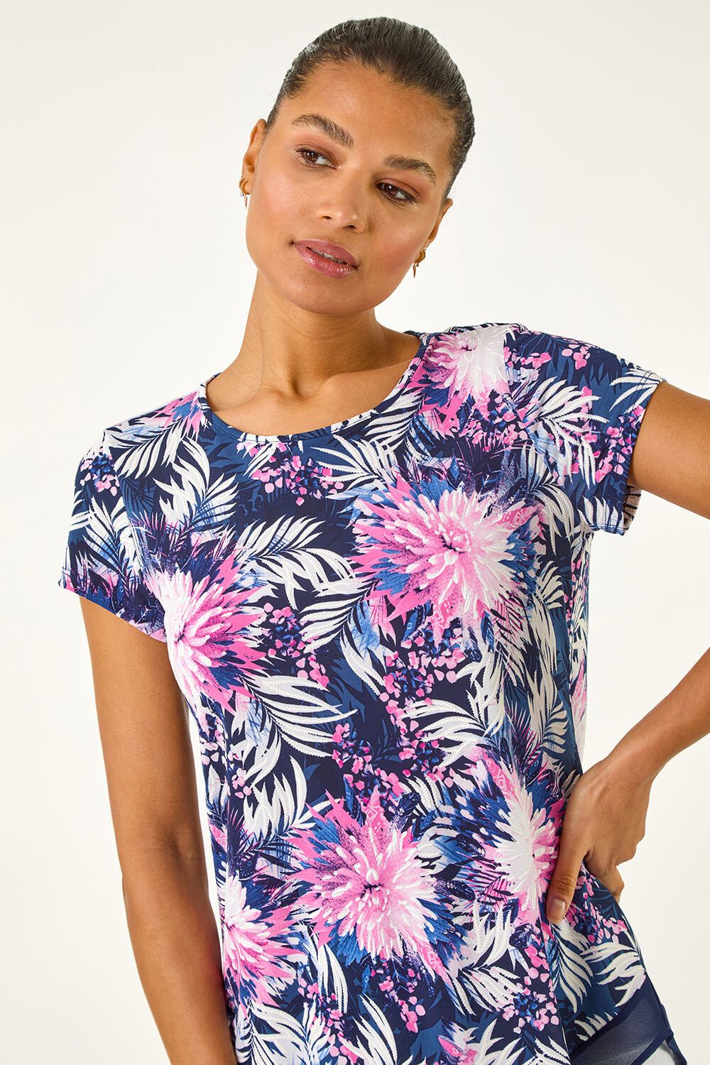 Fuchsia Textured Floral Print Asymmetric Top, Image 5 of 5