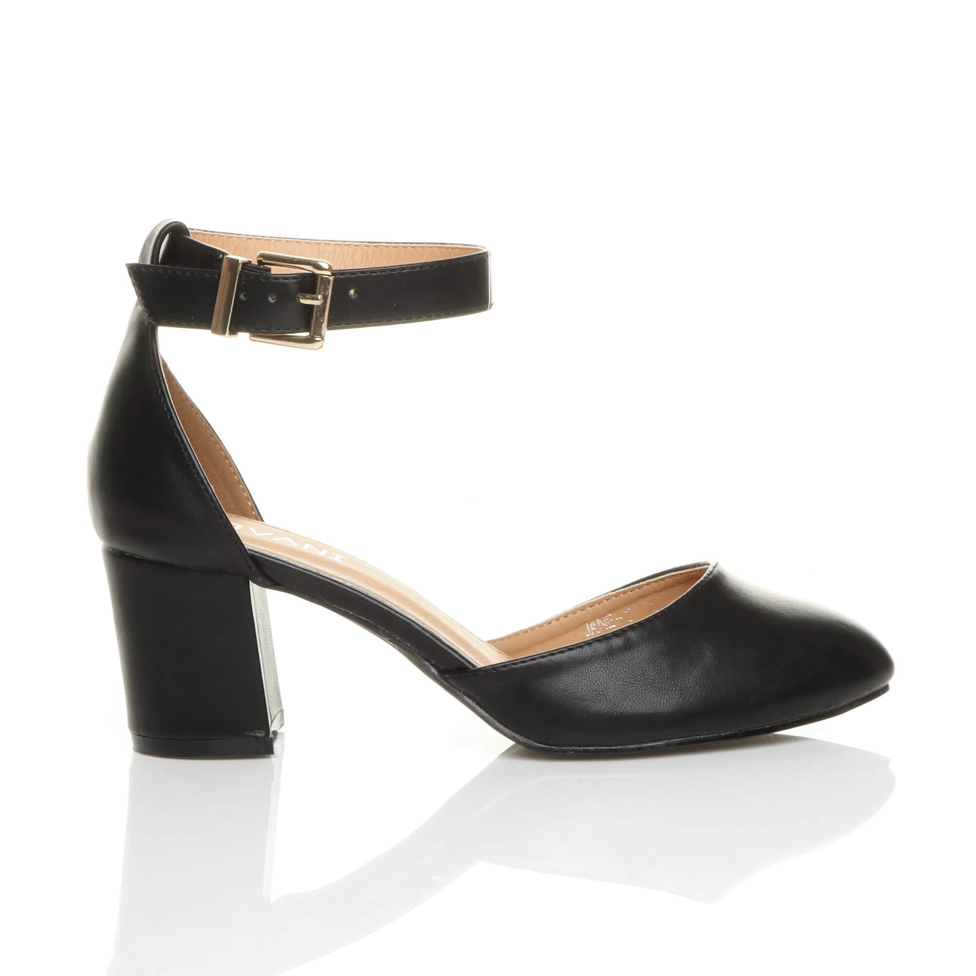 Black AJVANI Black Mid Block Heel Ankle Strap 2 Part Heels, Image 2 of 6