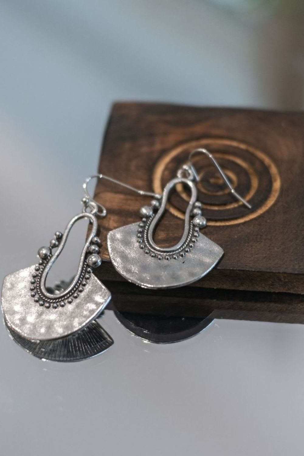 Silver Retro Tribal Semi-Disc Dangle Earrings, Image 2 of 2