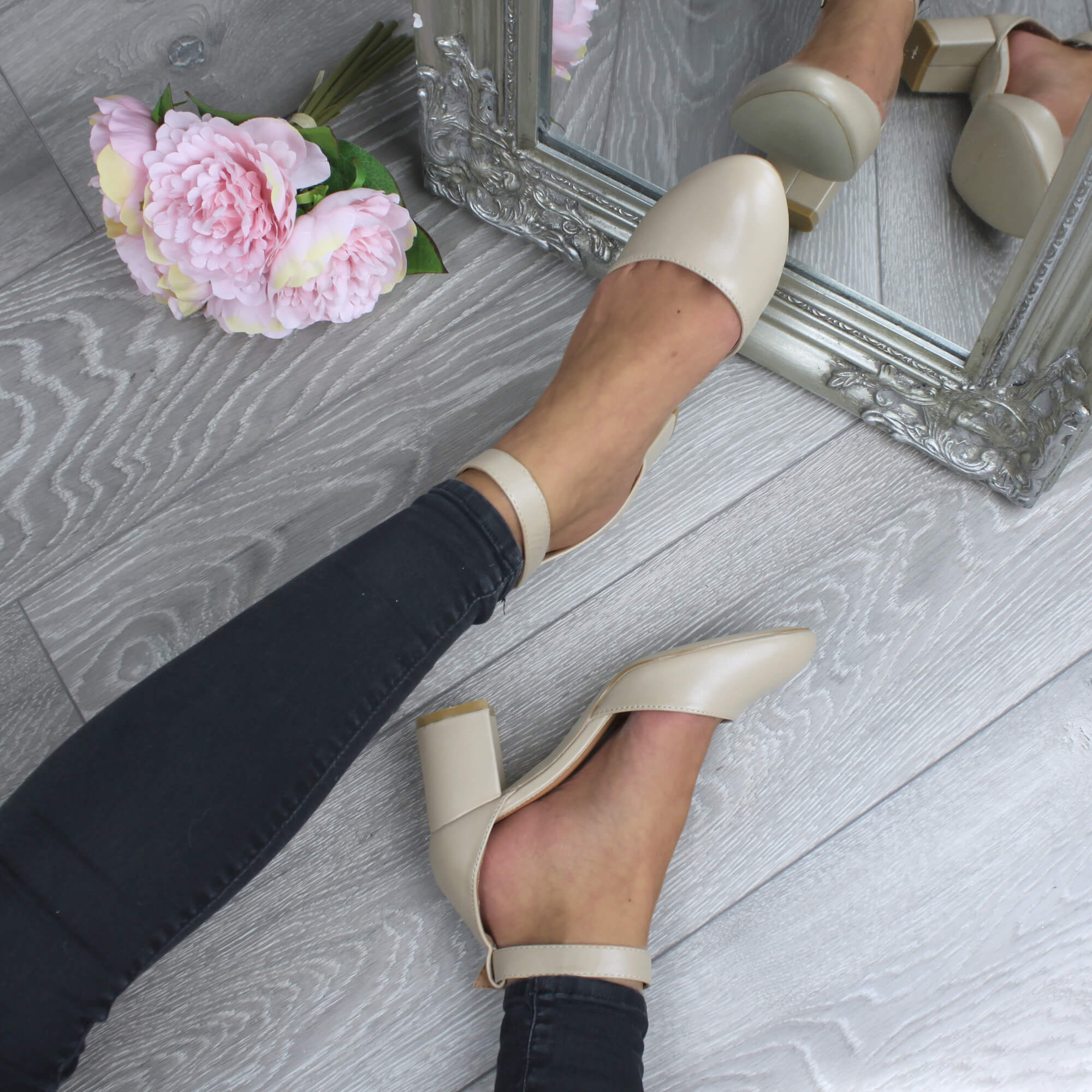 Natural AJVANI Natural Mid Block Heel Ankle Strap 2 Part Heels, Image 5 of 6