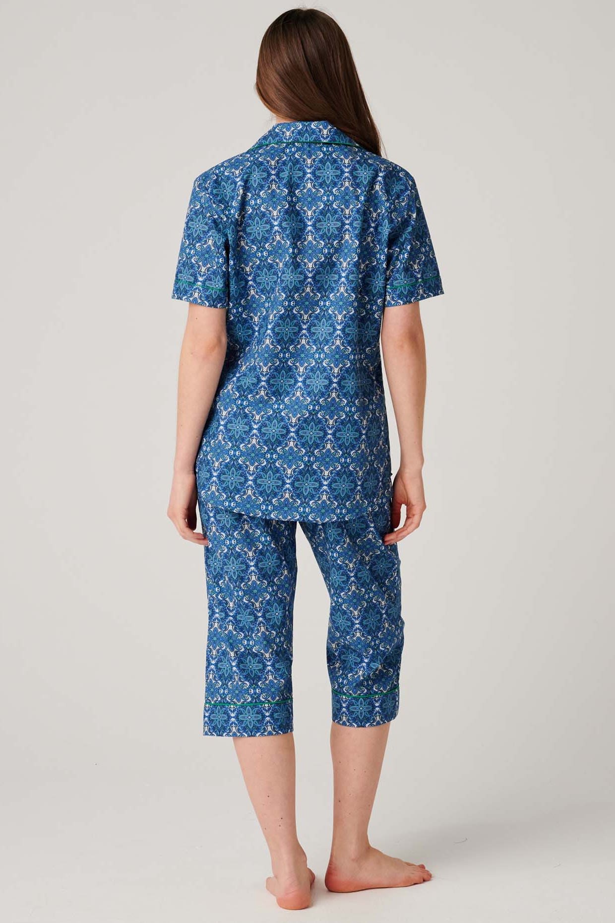 Royal Blue "Marrakesh" Paisley Crisp Cotton 3/4 Length Pyjama Set, Image 3 of 3