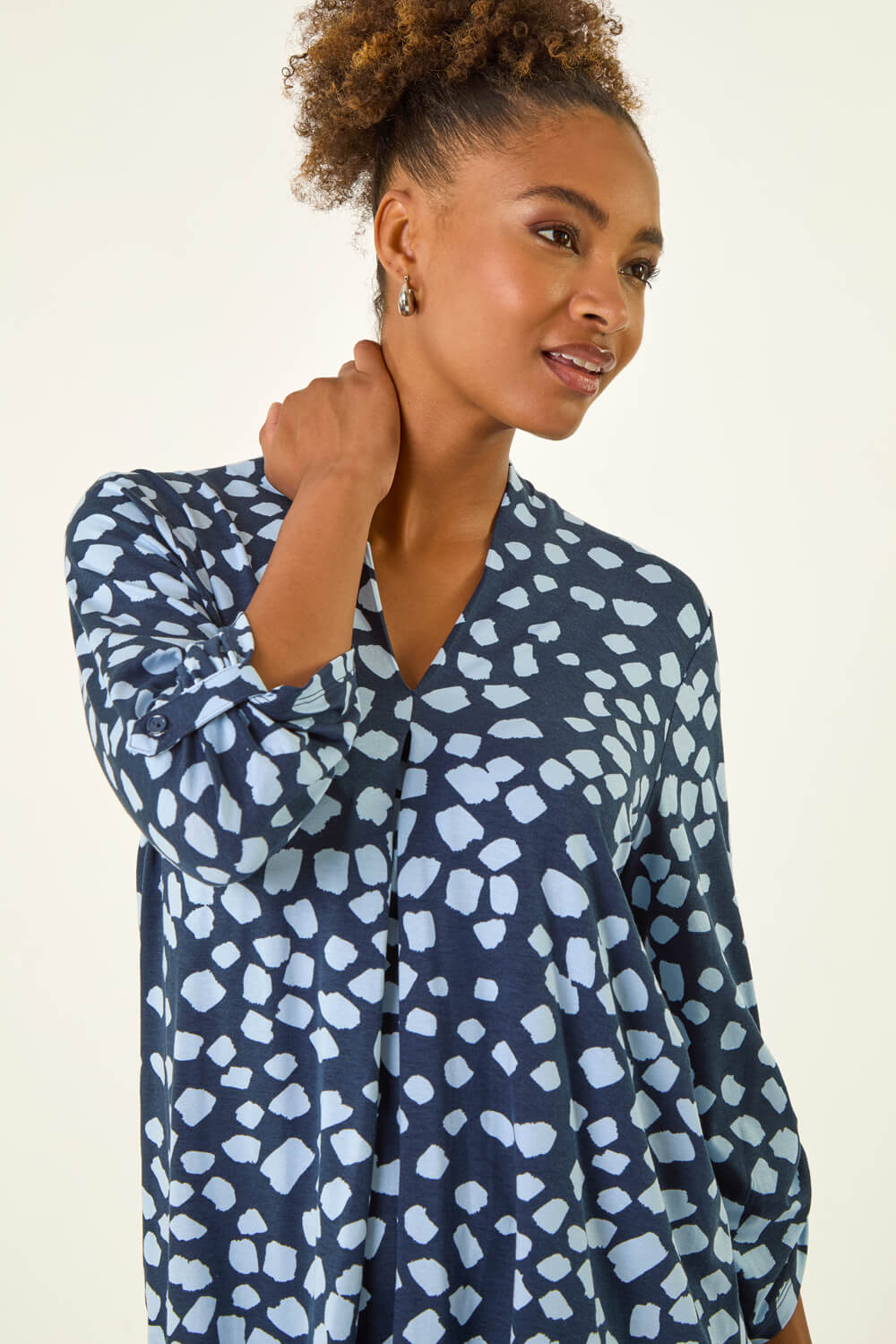 Navy Spot Print V-Neck Stretch Top | Roman UK