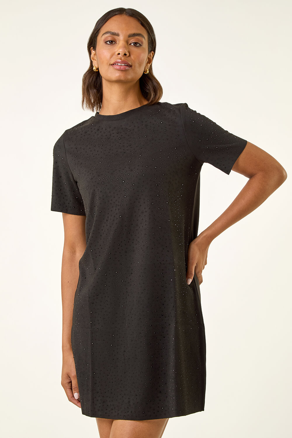 Black Embellished Shift Stretch Dress, Image 3 of 5