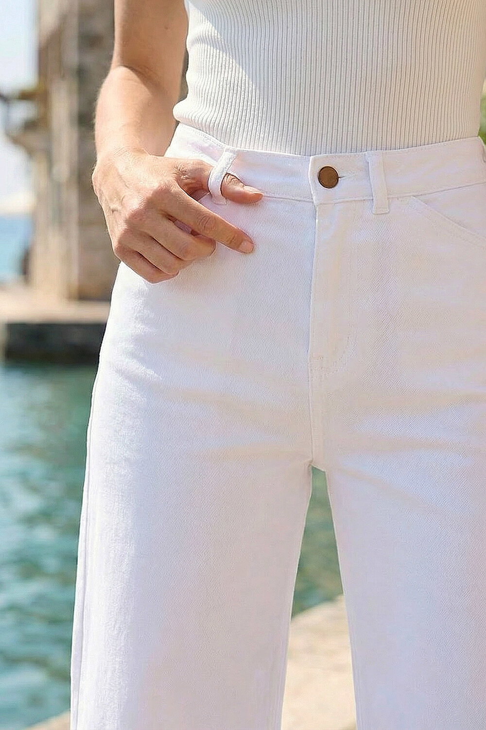 White Wide Leg Stretch Denim Cropped Culottes, Image 5 of 4