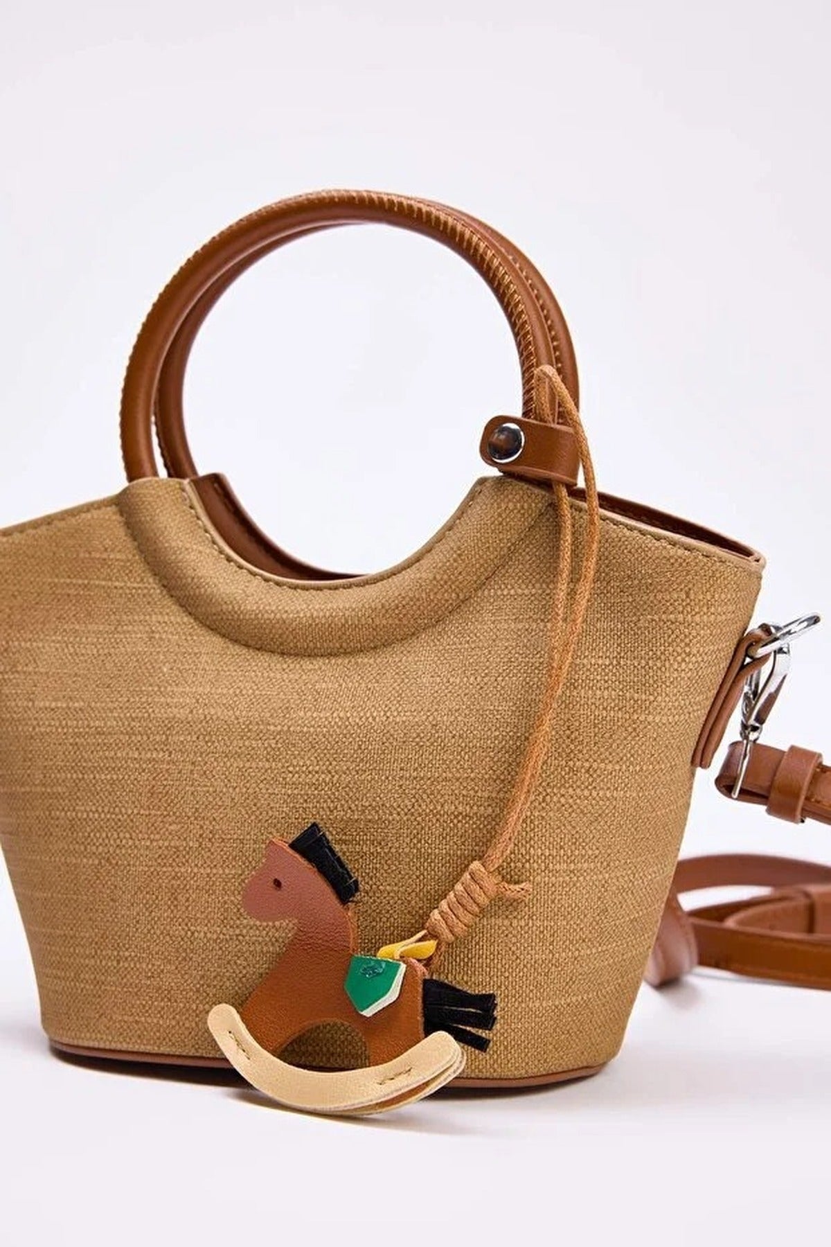 Beige Women's Woven Mini Tote Bag with Ring Handle and Charm Detail, Image 2 of 3