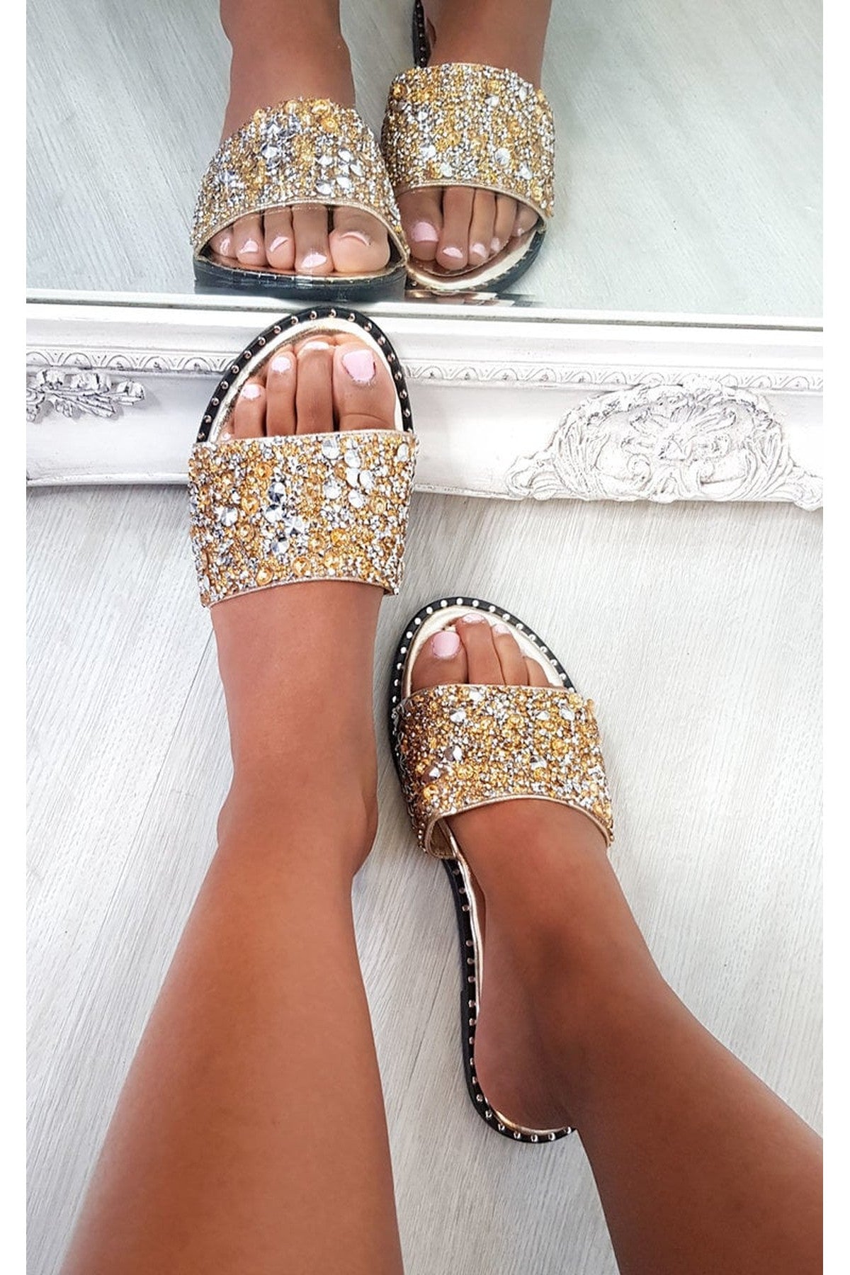 Gold iKrush Gold Sofie Embellished Slip On Sandals, Image 3 of 8