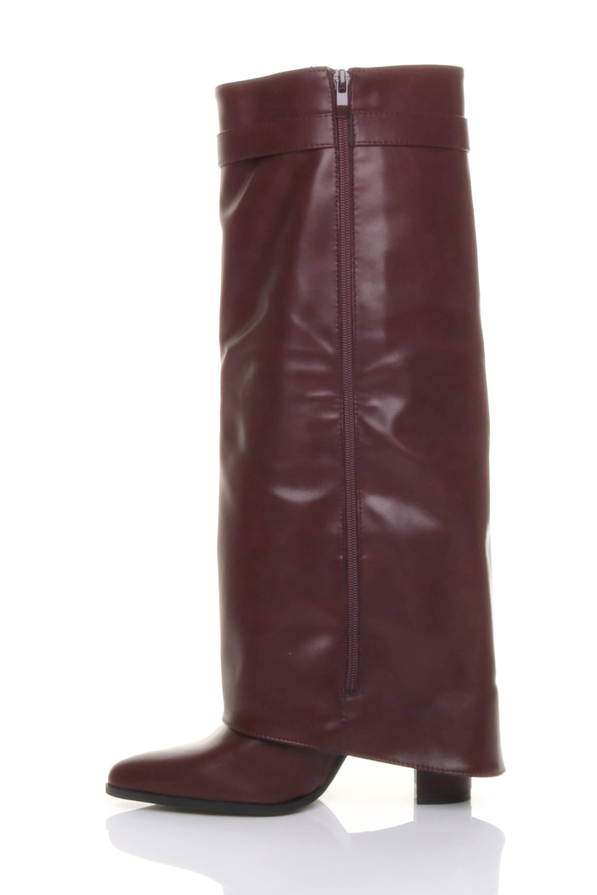 Burgundy AJVANI Burgundy High Block Heel Pointed Toe Fold Over Knee Boots, Image 3 of 4