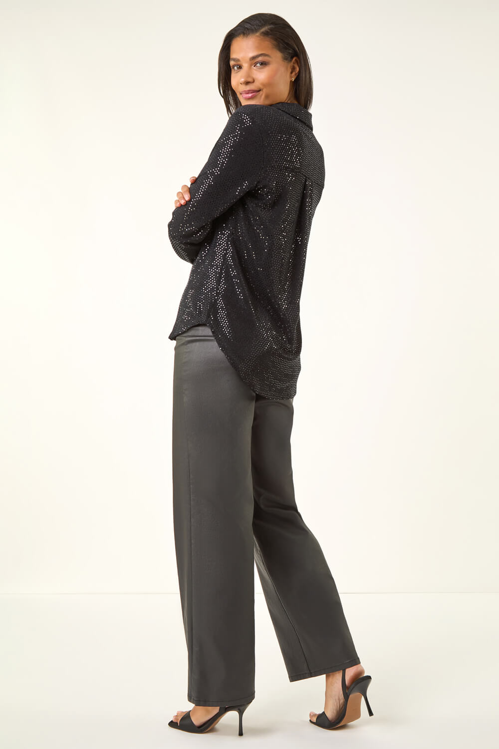 Black Stretch Sequin V-Neck Shirt, Image 5 of 6