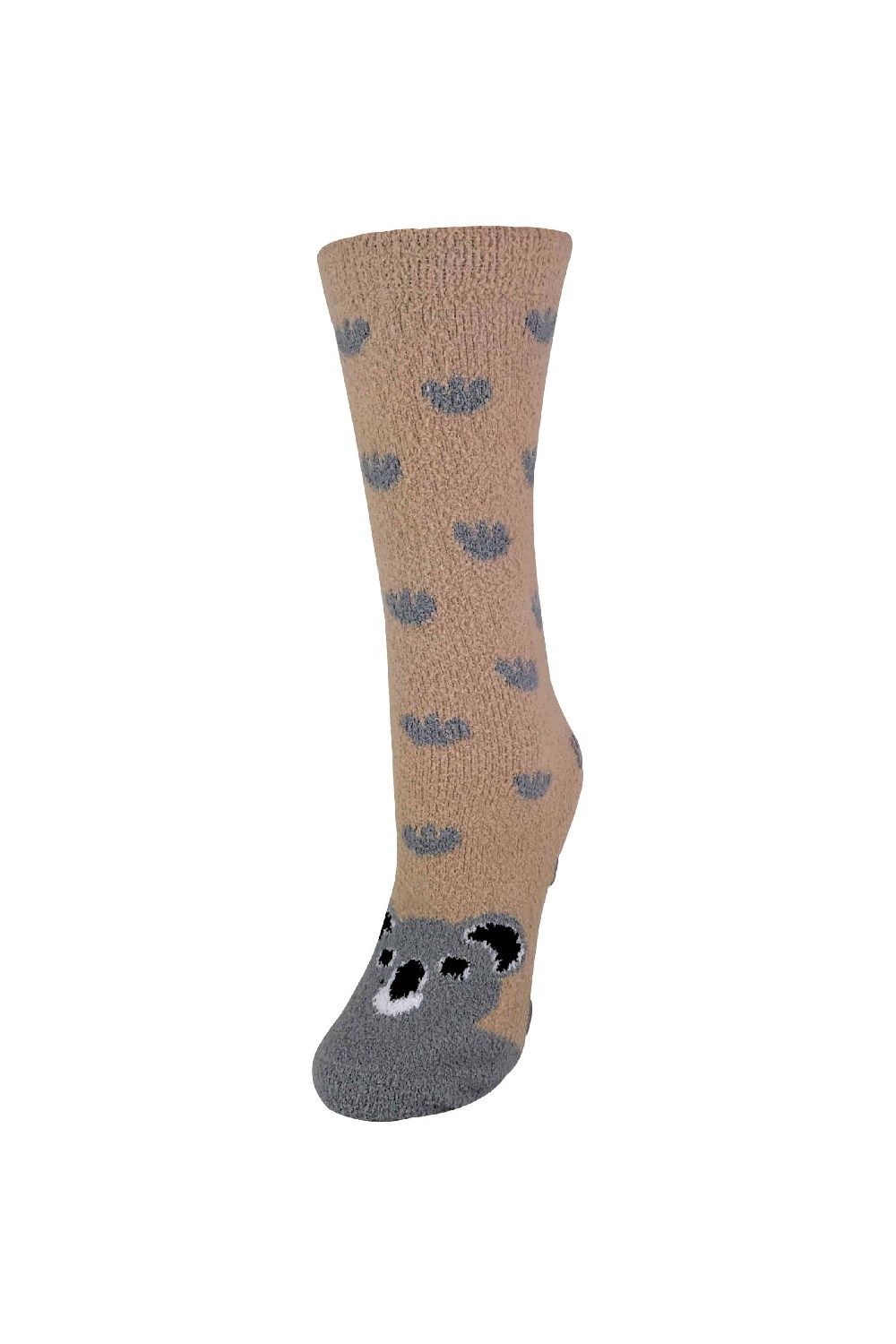 Beige 1 Pack Ladies Fluffy Animal Pattern Slipper Socks with Grips, Image 1 of 3