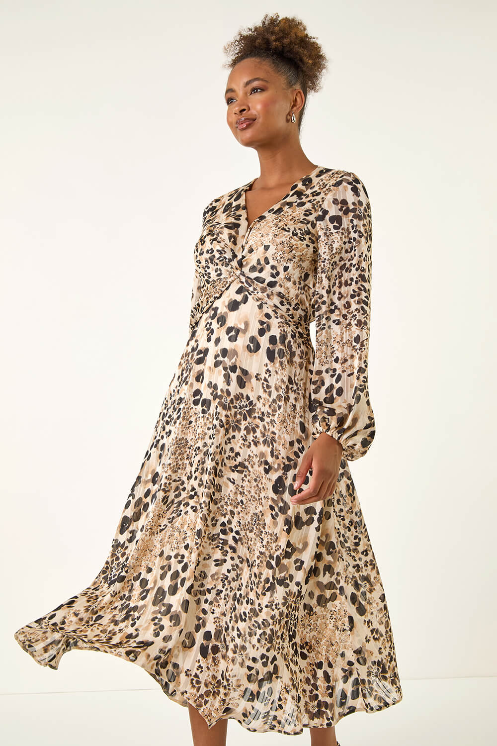 Natural Animal Print Twist Front Dress, Image 3 of 5