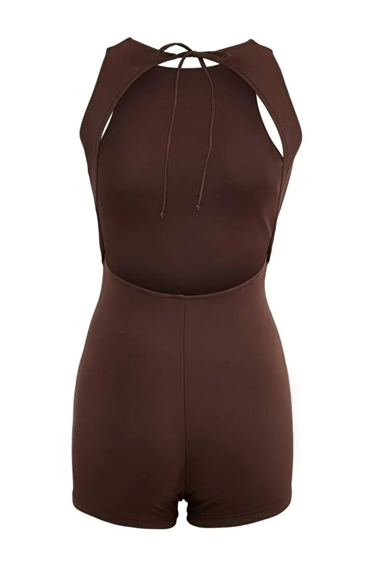 Brown High Neck Sleeveless Fitted Swim Playsuit, Image 2 of 3