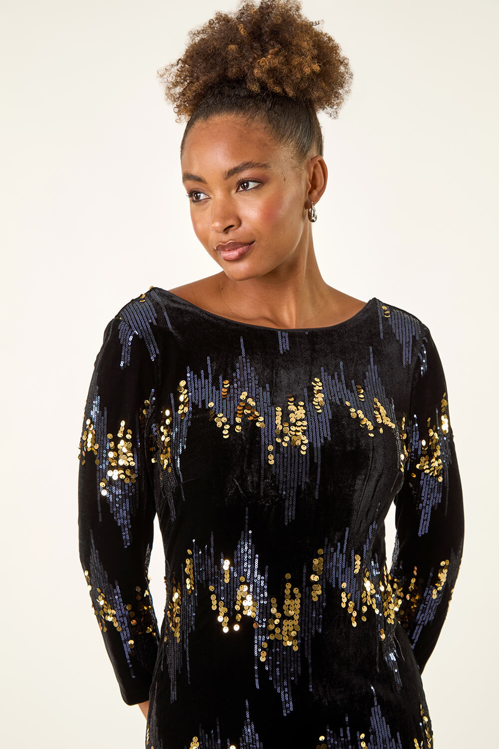Navy  Sequin Velvet Shift Stretch Dress, Image 6 of 6