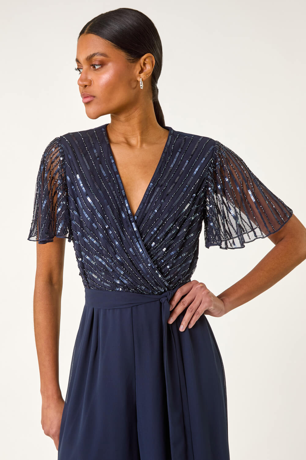 Navy Embellished Beaded V-Neck Jumpsuit, Image 5 of 5