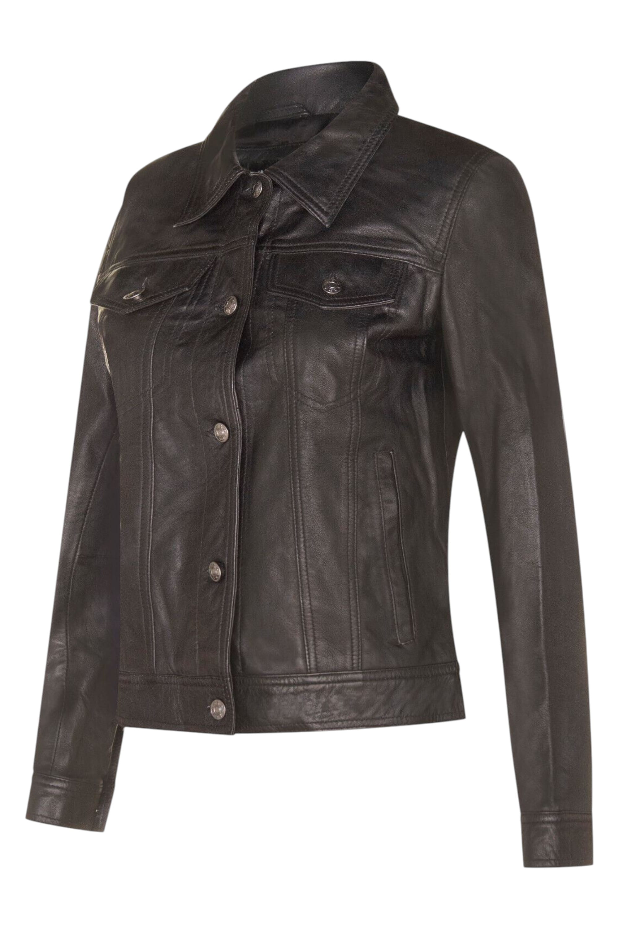 Black Womens Leather Trucker Jacket-Andery, Image 2 of 4