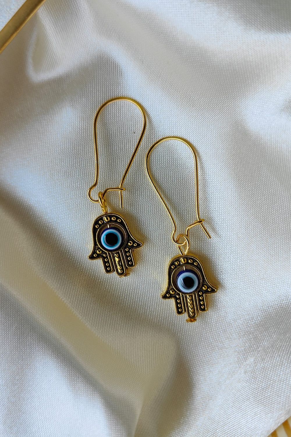 Gold Long Silver Evil Eye Hamsa Dangle Earrings, Image 3 of 5