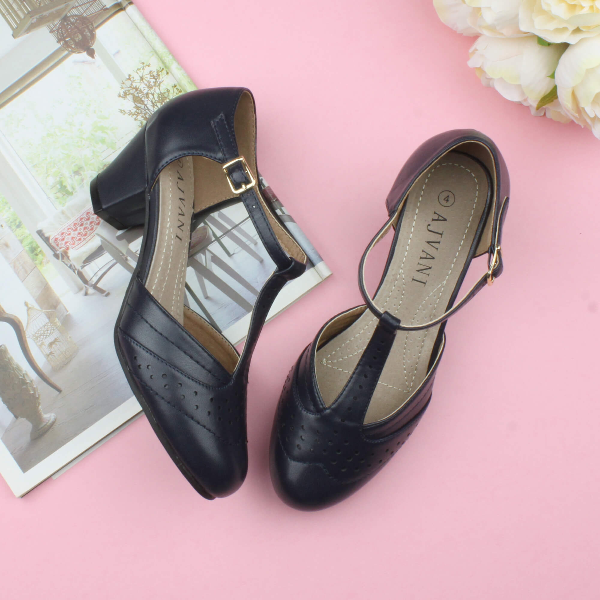 Navy Blue Mid Heel Comfort T-Bar Brogue Heels, Image 4 of 6