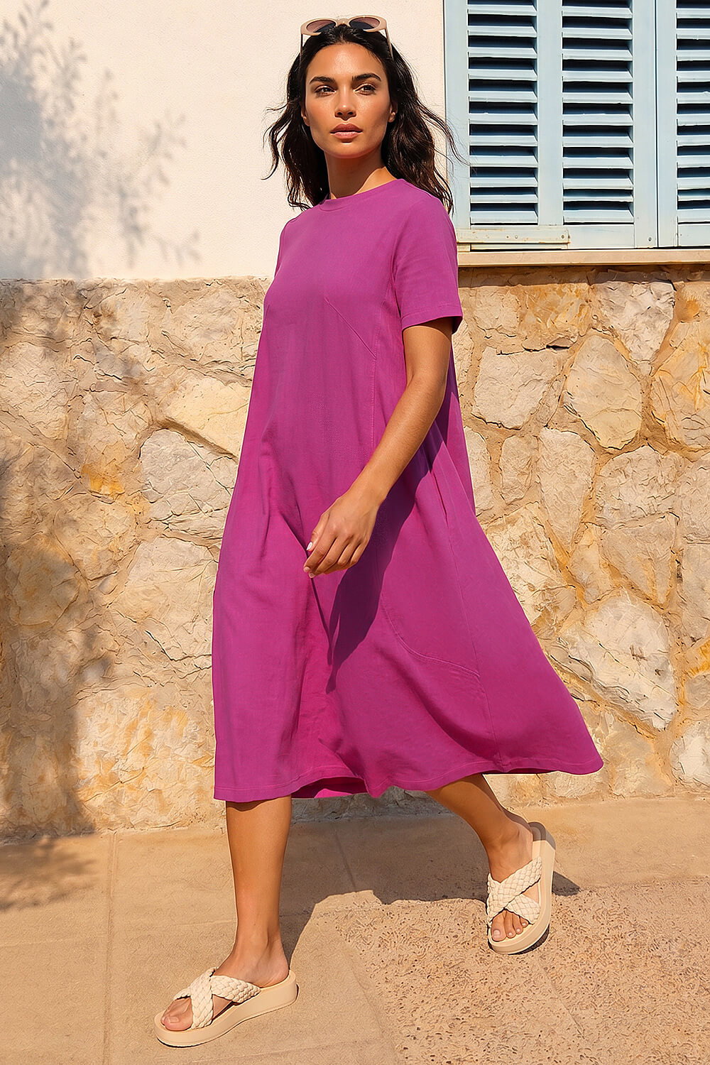 Fuchsia Plain Stretch T-Shirt Dress, Image 3 of 4