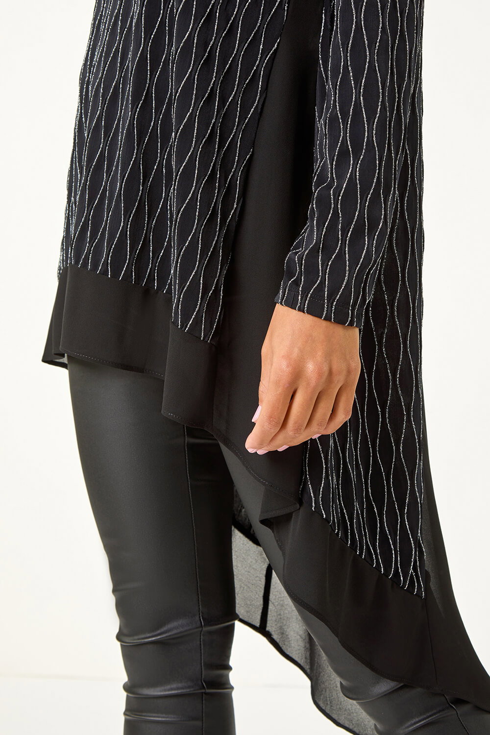 Silver Metallic Print Chiffon Hem Stretch Top, Image 6 of 5