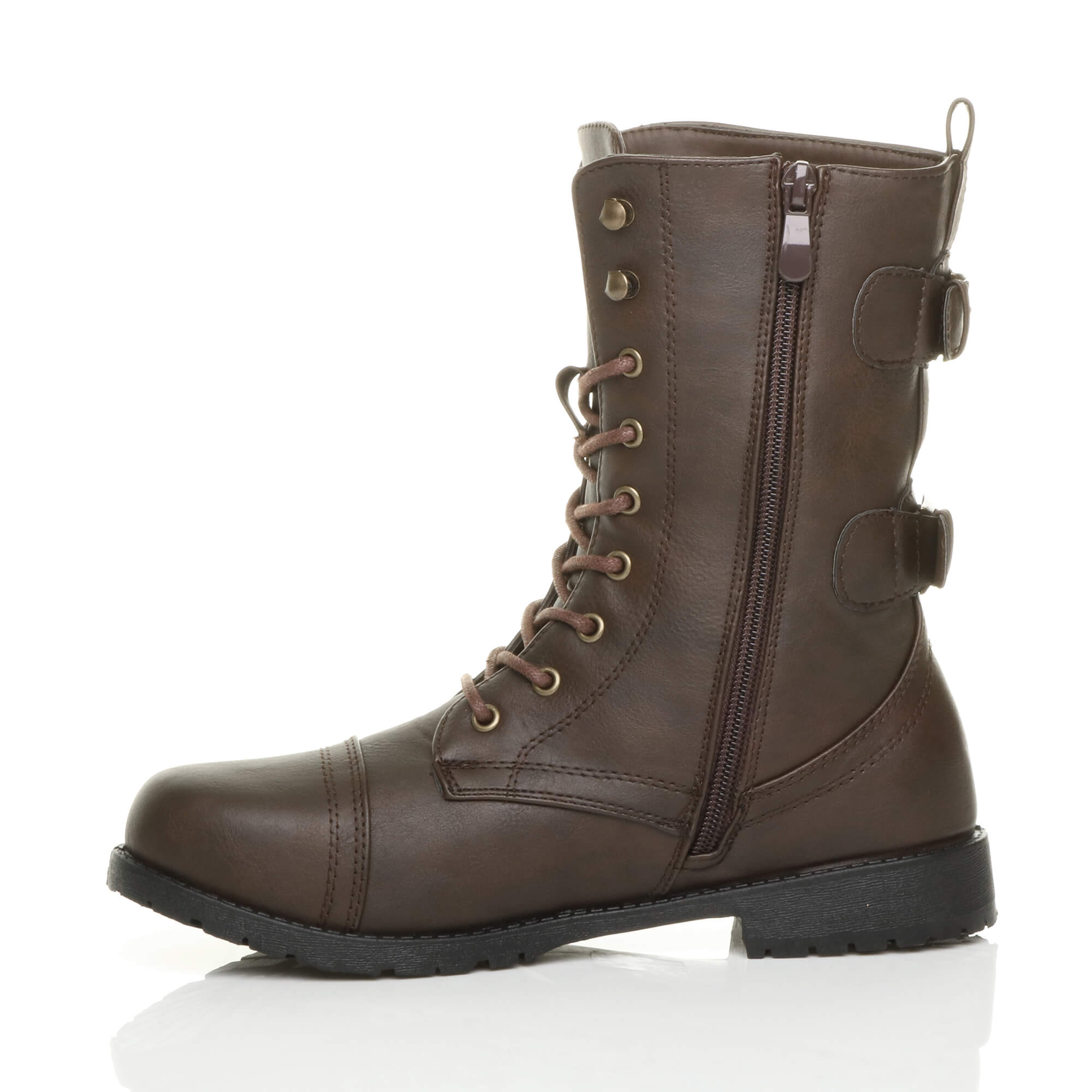 Brown AJVANI Brown Lace Up Zips Military Biker Ankle Boots, Image 3 of 6