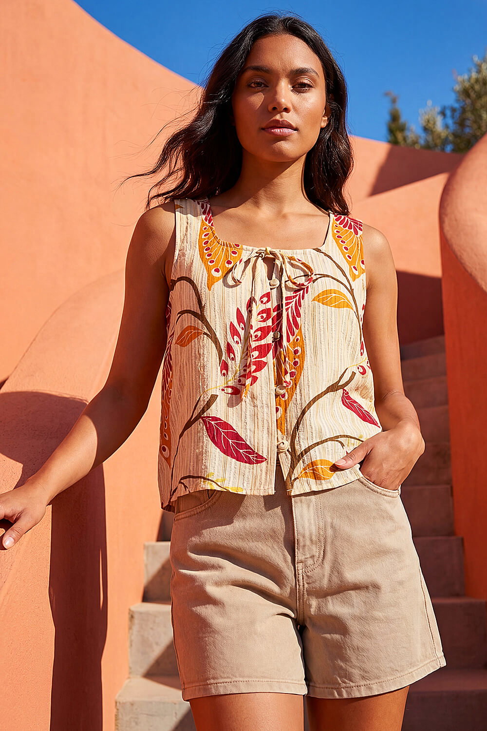 Orange Leaf Print Textured Tie Front Blouse, Image 1 of 4