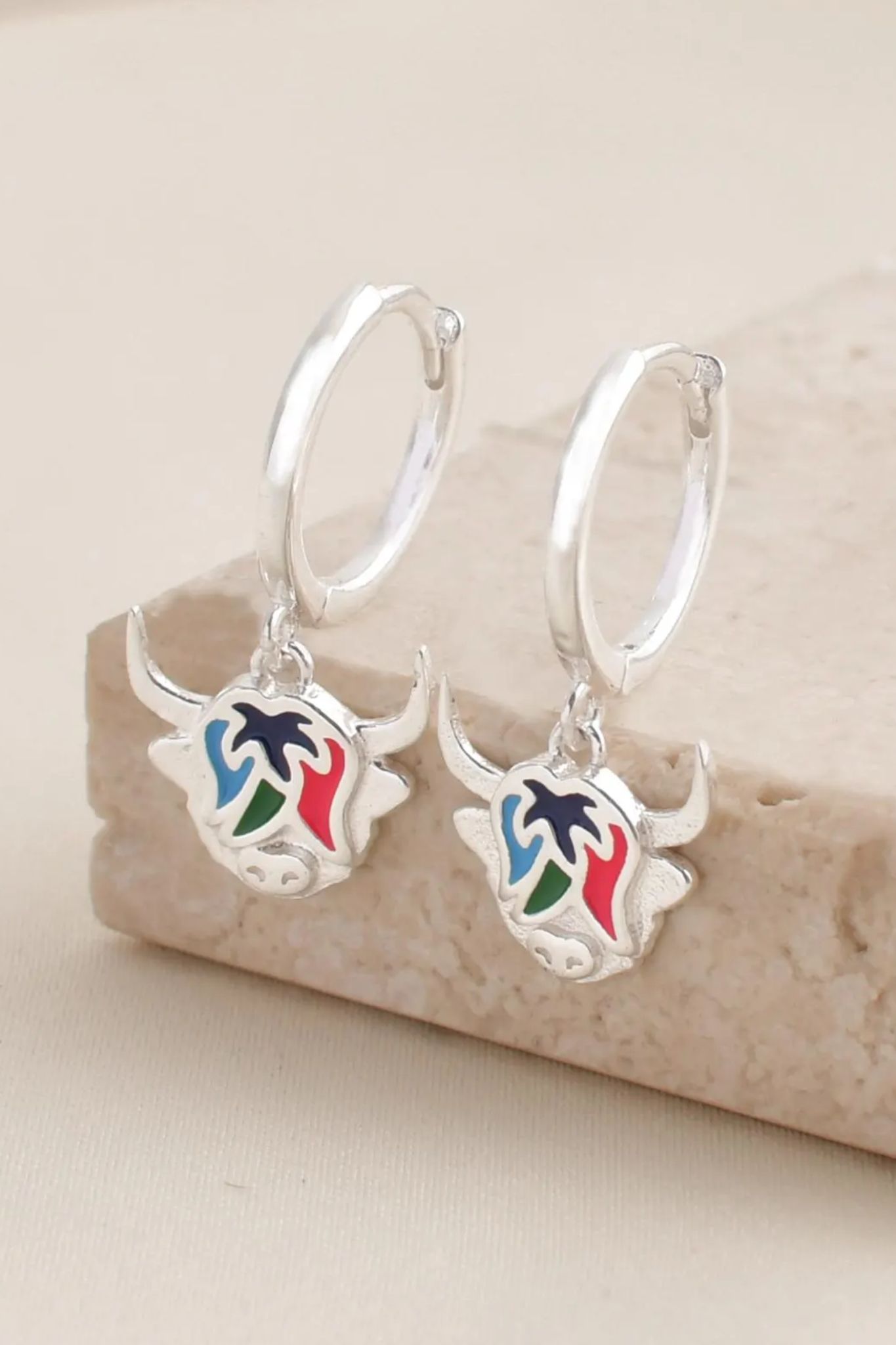 Multi Sterling Silver Highland Cow Huggie Hoops, Image 1 of 3
