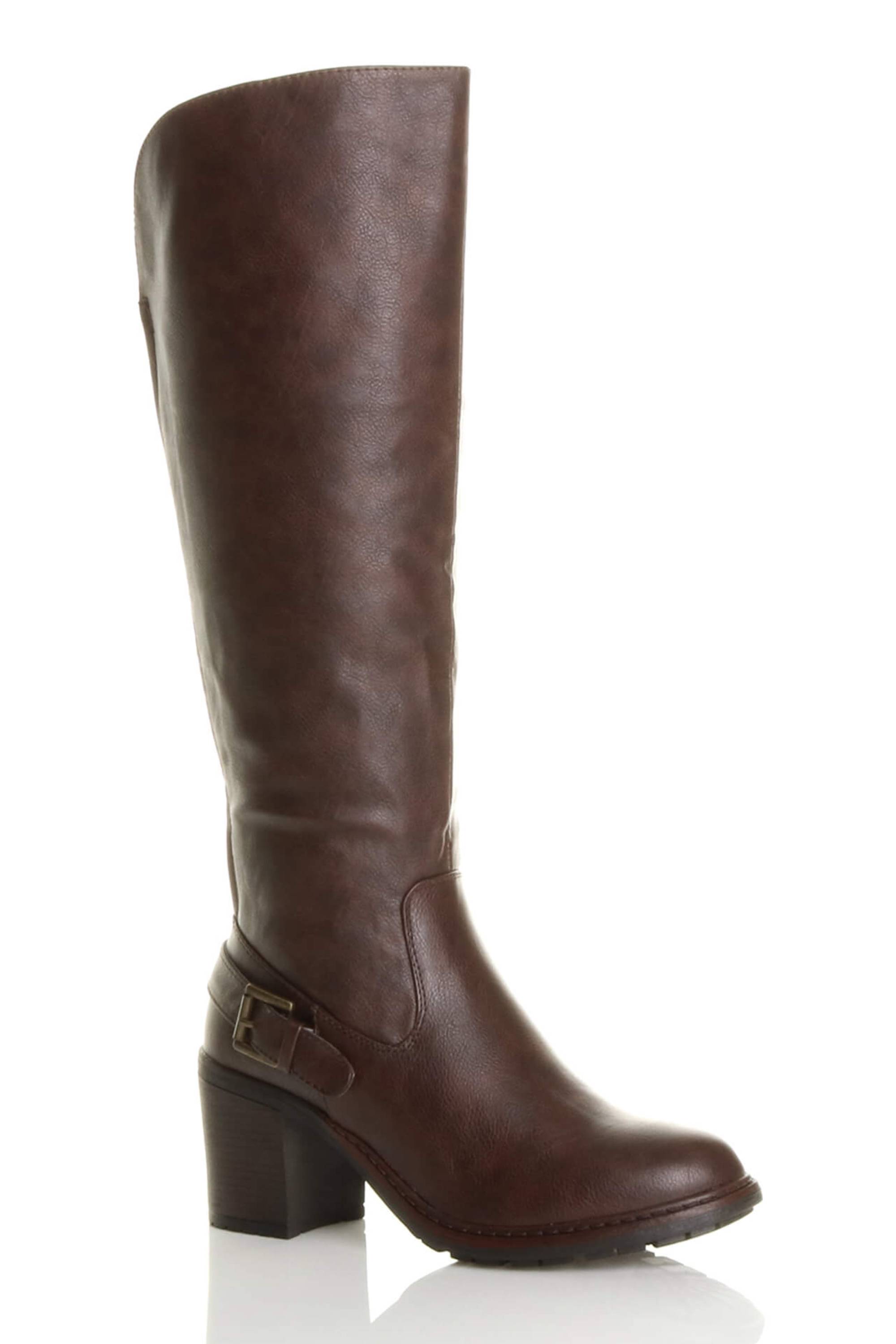 Brown AJVANI Brown High Block Heel Chunky Biker Knee High Boots, Image 1 of 6