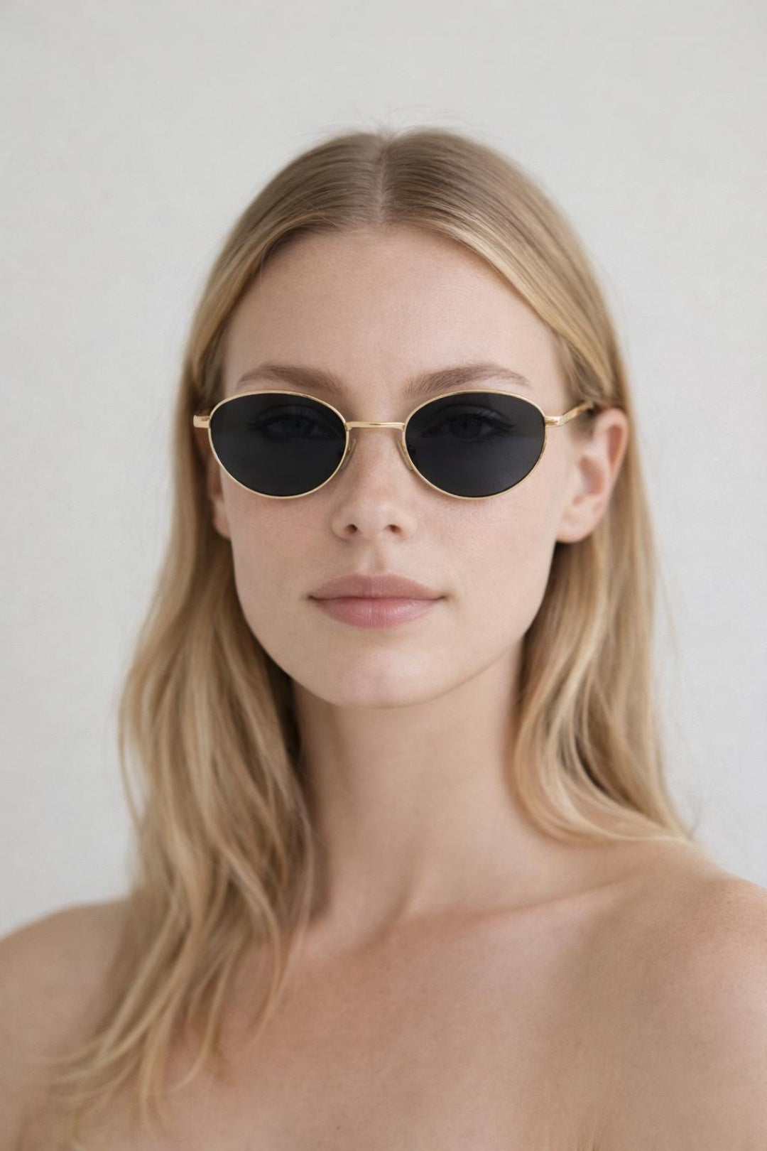 Black Metal Oval Cat Eye Sunglasses In Black