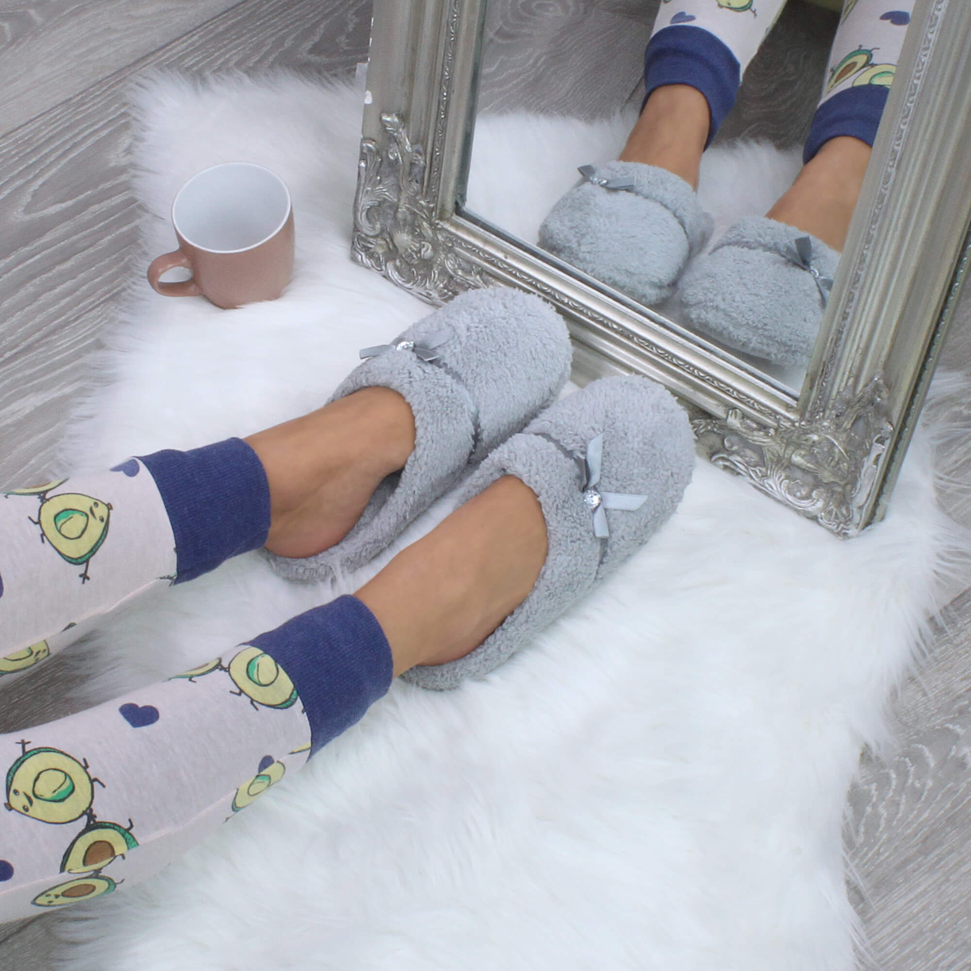 Grey AJVANI Grey Fleece Mules Slippers, Image 4 of 5