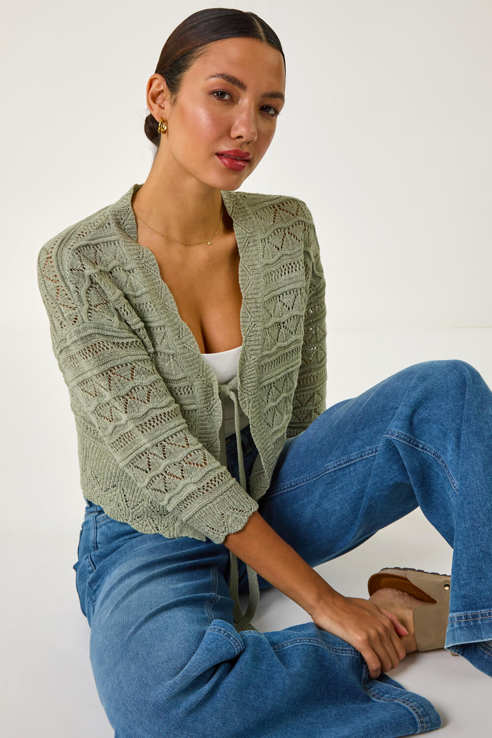 Roman Women's Khaki Textured Scallop Shrug Size 14