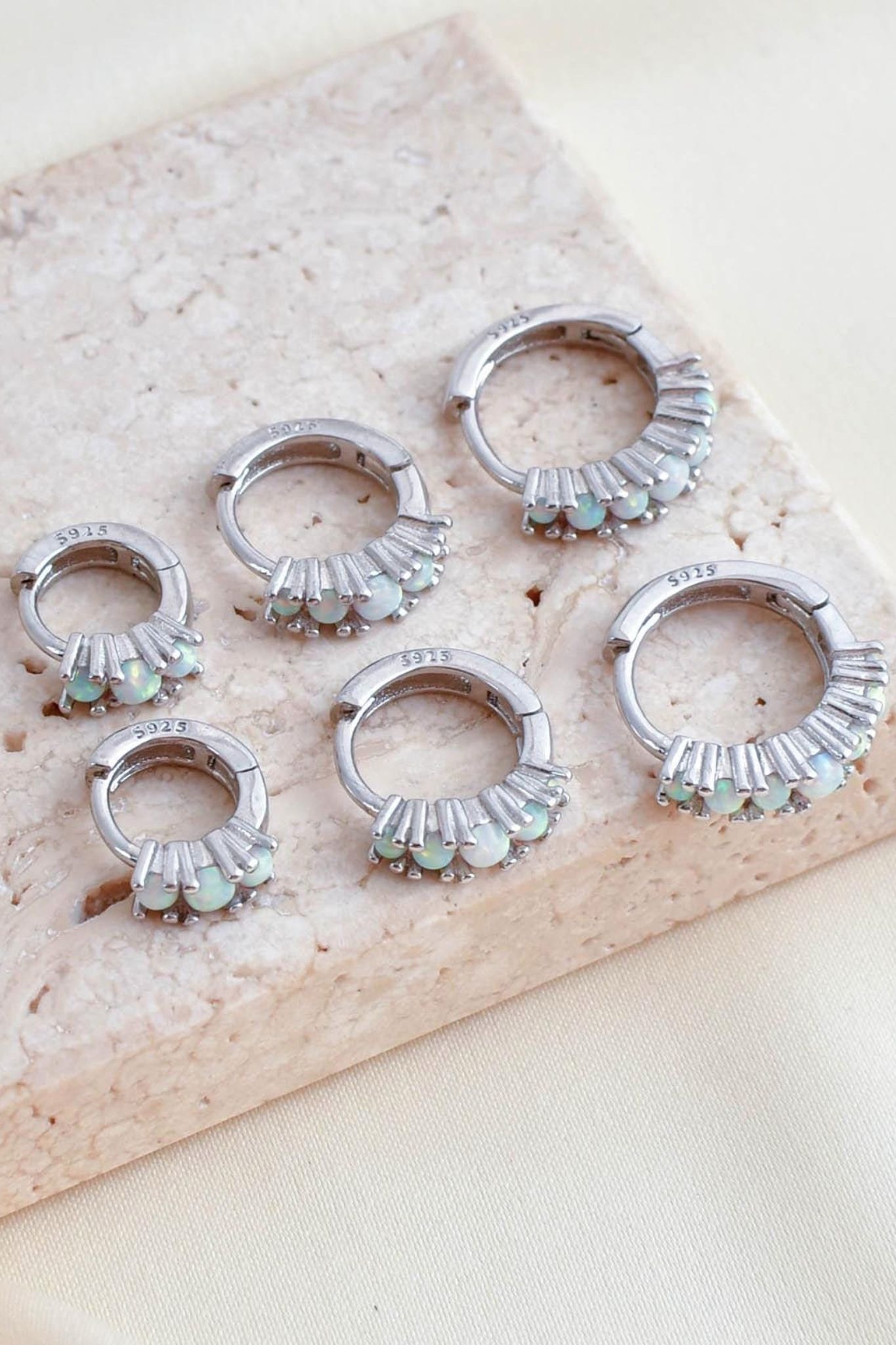 Silver Sterling Silver White Opal Huggie Hoops, Image 2 of 3