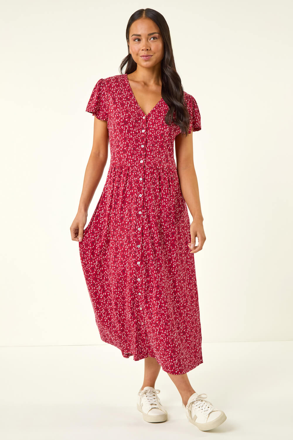 Red Petite Abstract Spot Midi Dress, Image 3 of 5