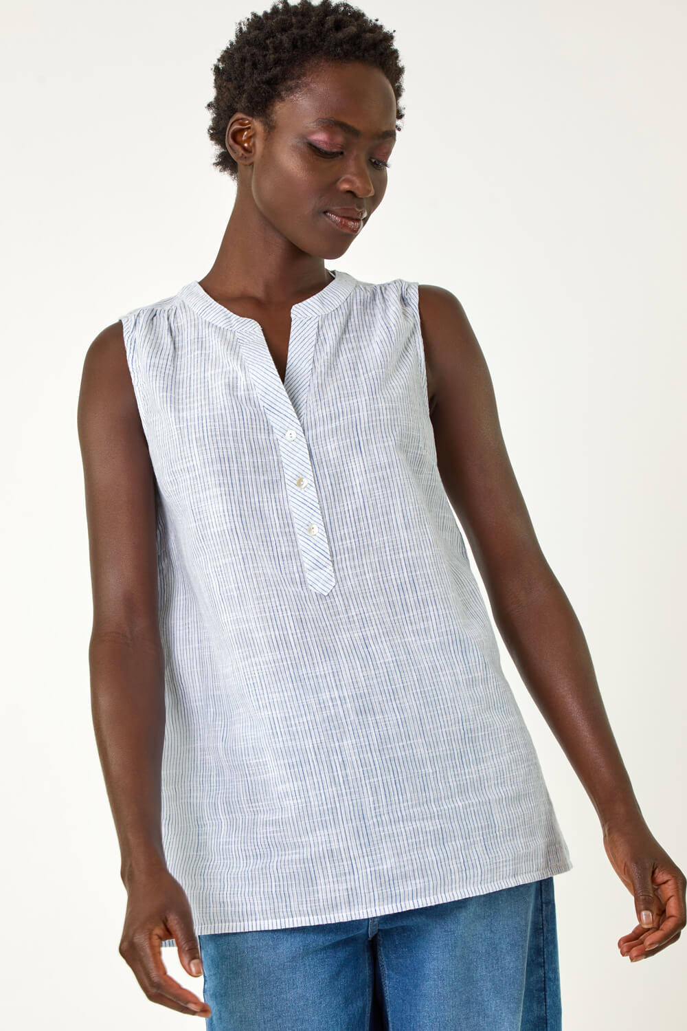 Light Blue Striped V-Neck Ruffle Trim Backless Halter Vest Top main image 1