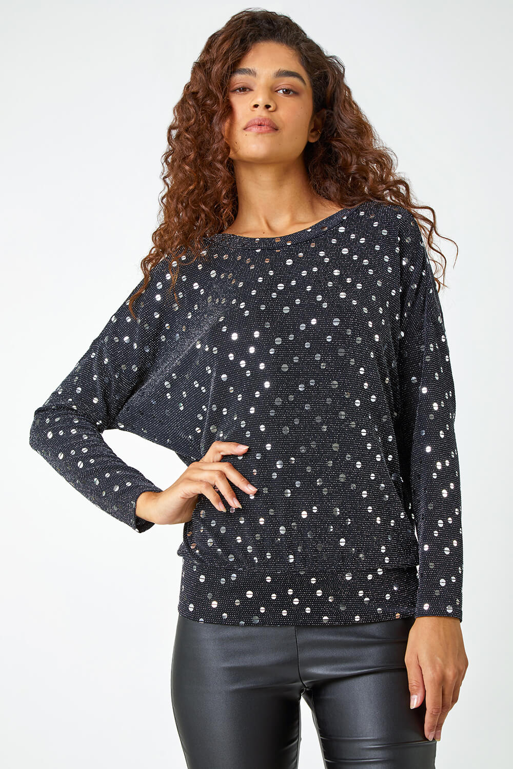 Silver Sequin Detail Blouson Stretch Top , Image 5 of 5