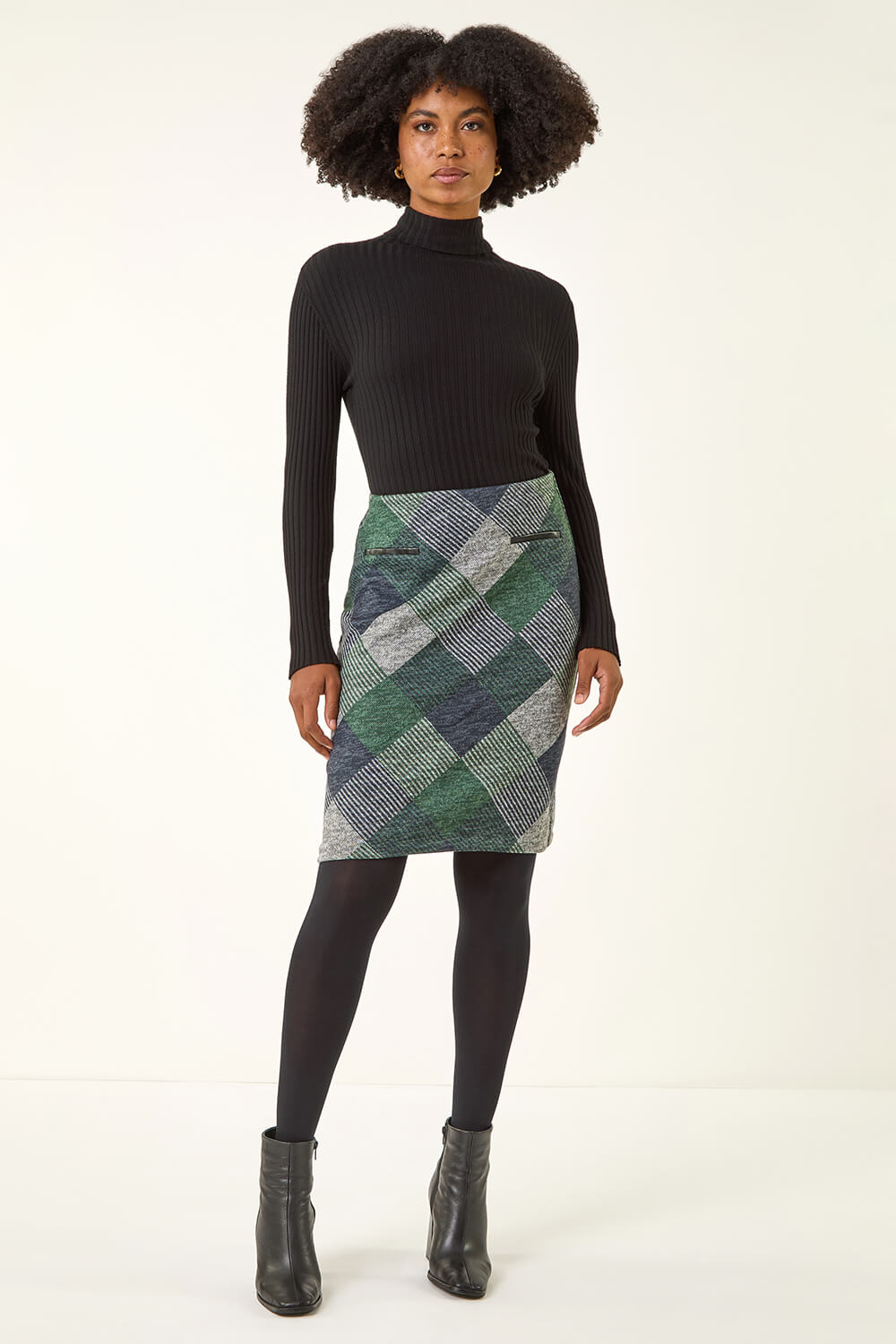 Green Check Print Pocket Stretch A line Skirt, Image 4 of 5
