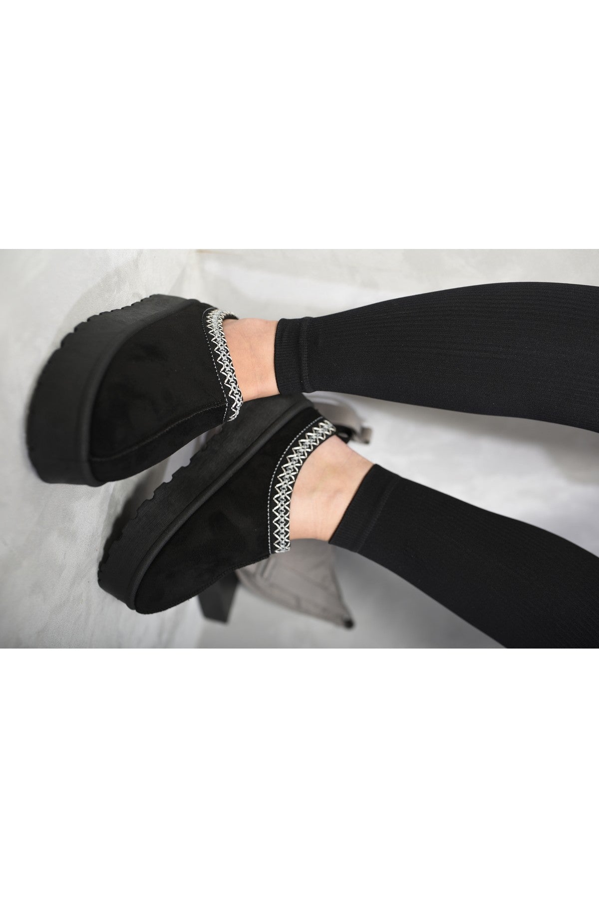 Black iKrush Black Jolene Aztec Detail Low Ankle Platform Slipper Boots, Image 2 of 3