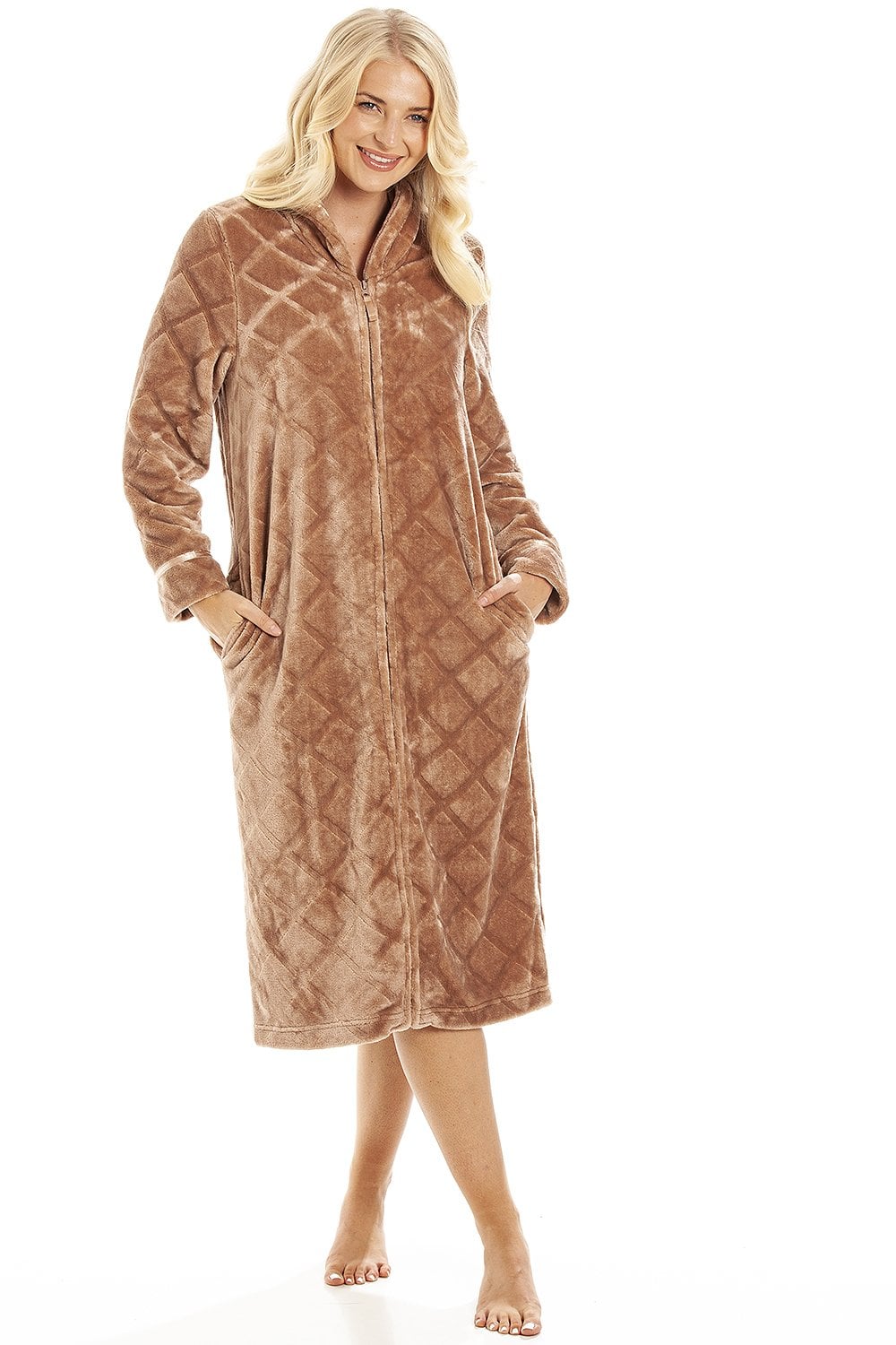 Brown Full Length Zip Housecoat With Inseam Pockets, Image 1 of 5