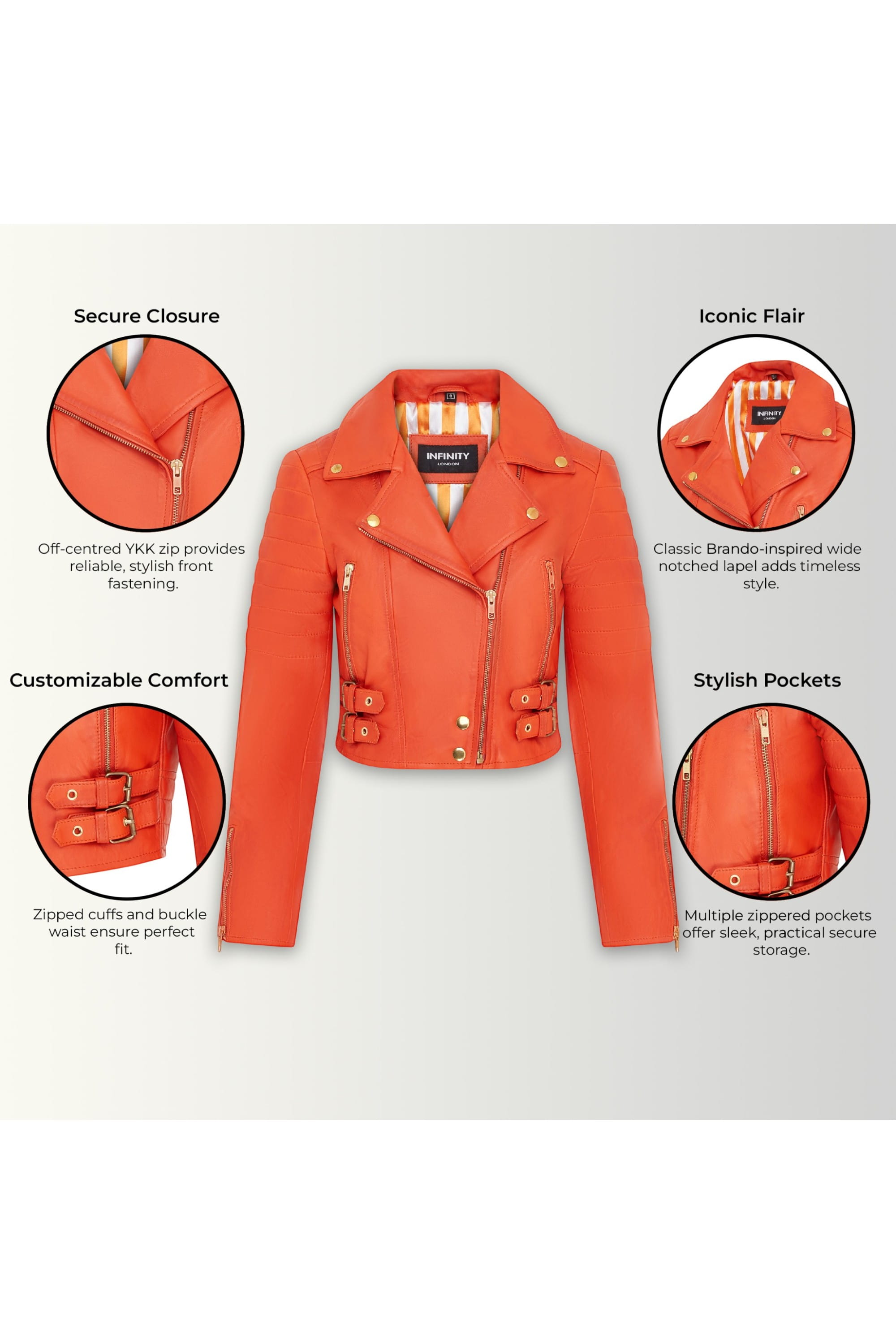 Orange Cropped Brando Leather Biker Jacket, Image 3 of 7