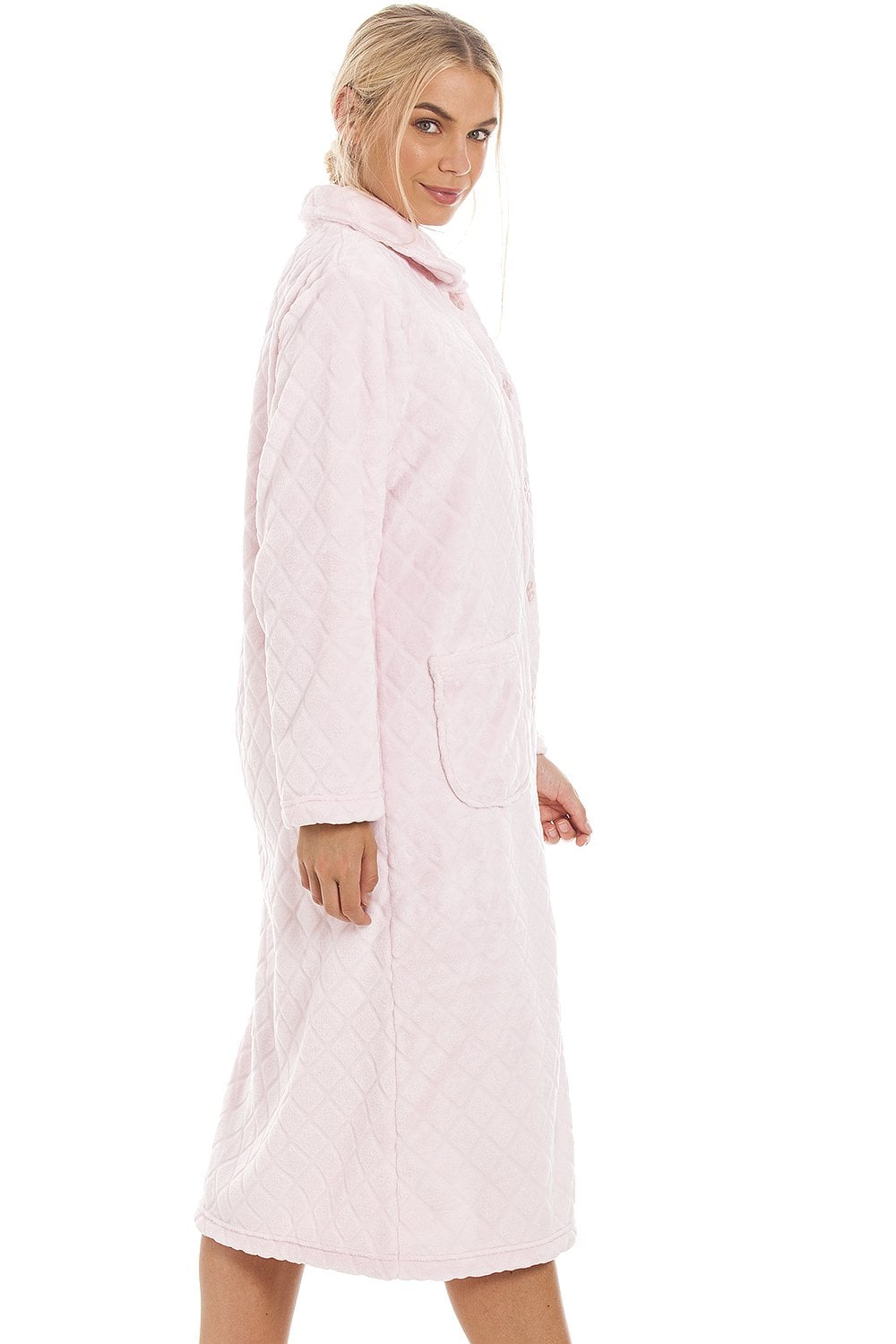 Light Pink Camille Lingerie Light Pink Supersoft Diamond Print Button Up Housecoat, Image 3 of 4