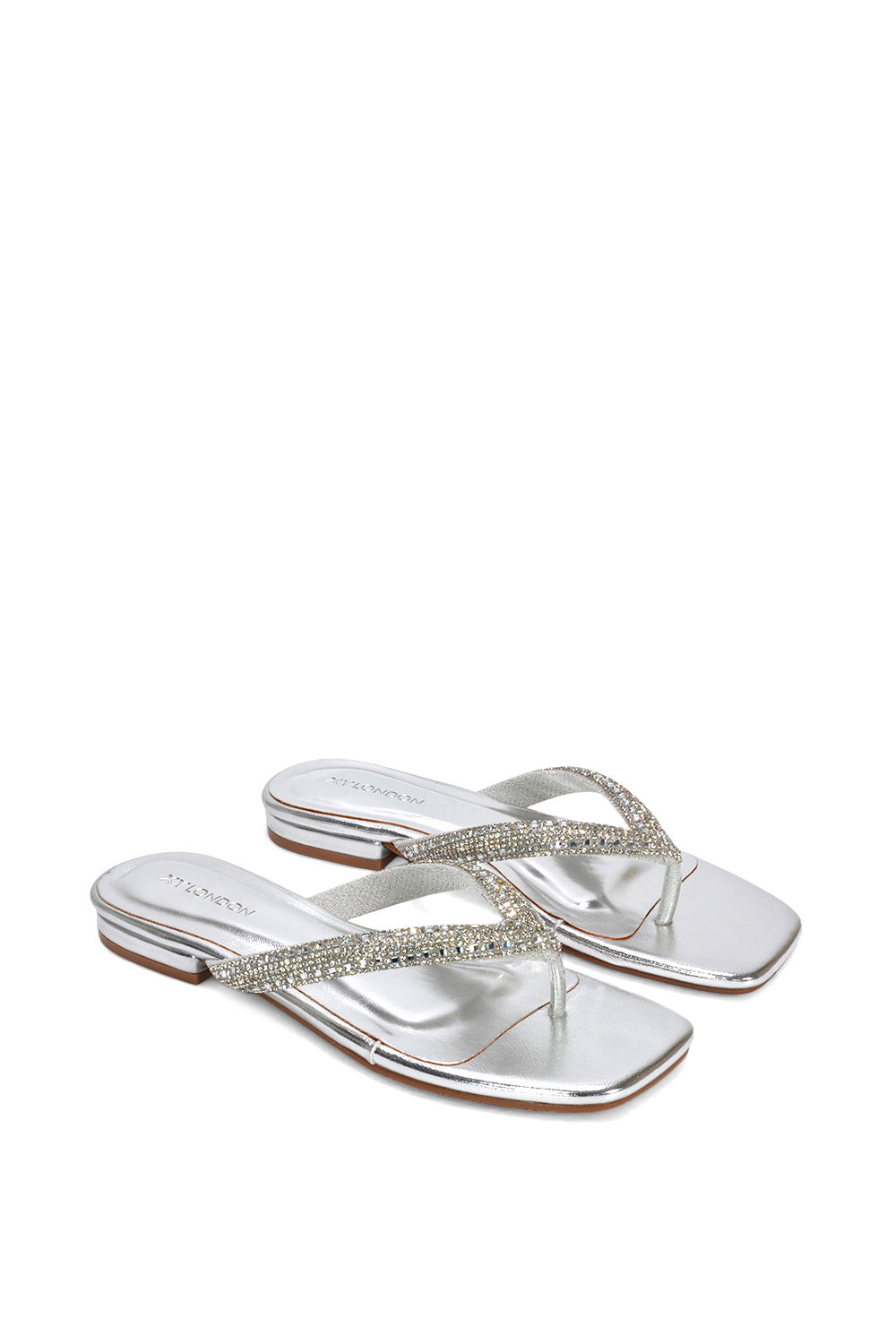 Silver XY LONDON Silver 'Blake' Flat Slip On Diamante Sandals With Thong Strap, Image 5 of 6