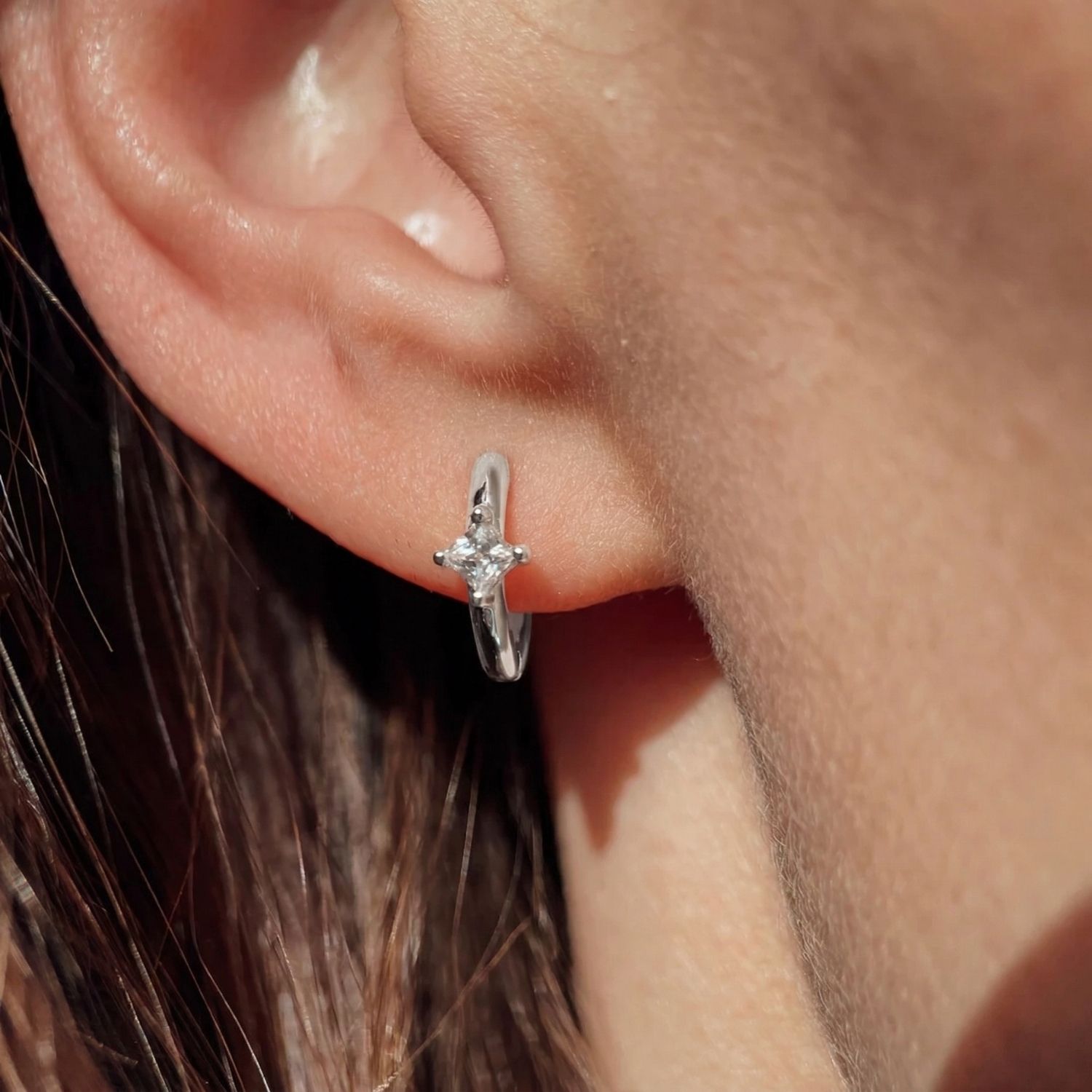 Silver Small Diamond Huggie Minimalist Silver Hoop Earrings, Image 2 of 4