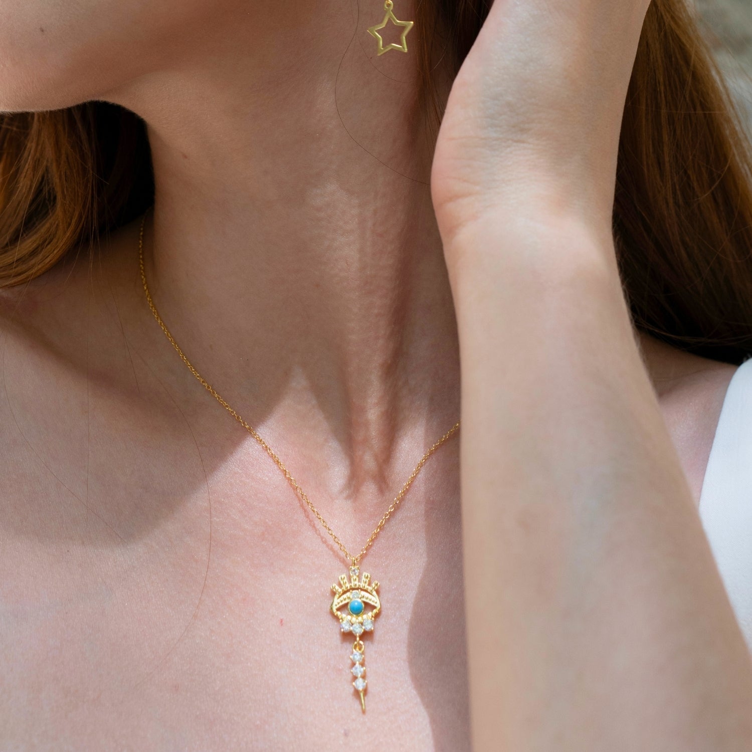 Gold Turquoise Evil Eye Eyelash Drop Sterling Silver Necklace, Image 6 of 8